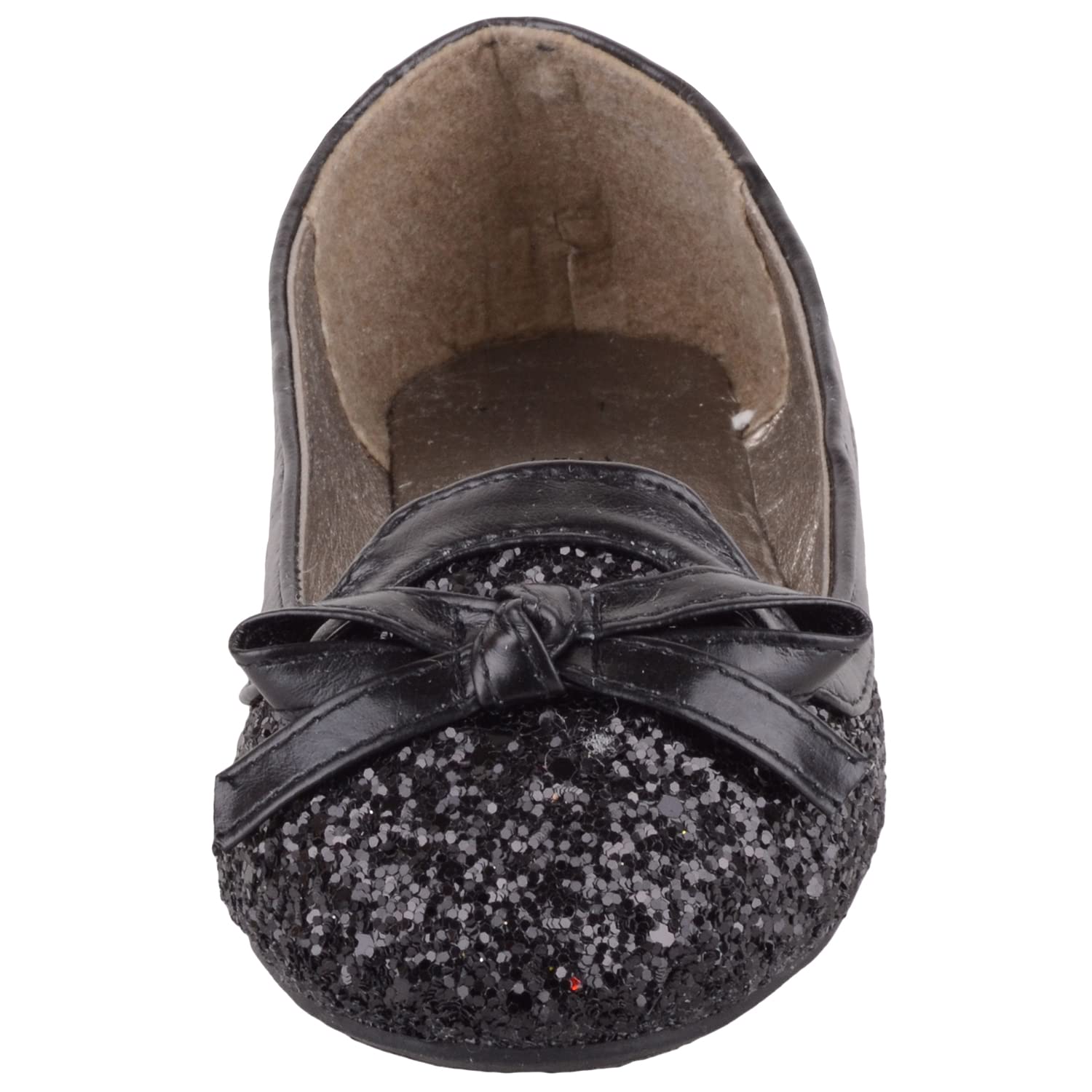 ABSOLUTE FOOTWEAR Childrens Kids Girls Easy Slip On Glitter Bow Design Ballerina Pumps - Black - US Infant 11