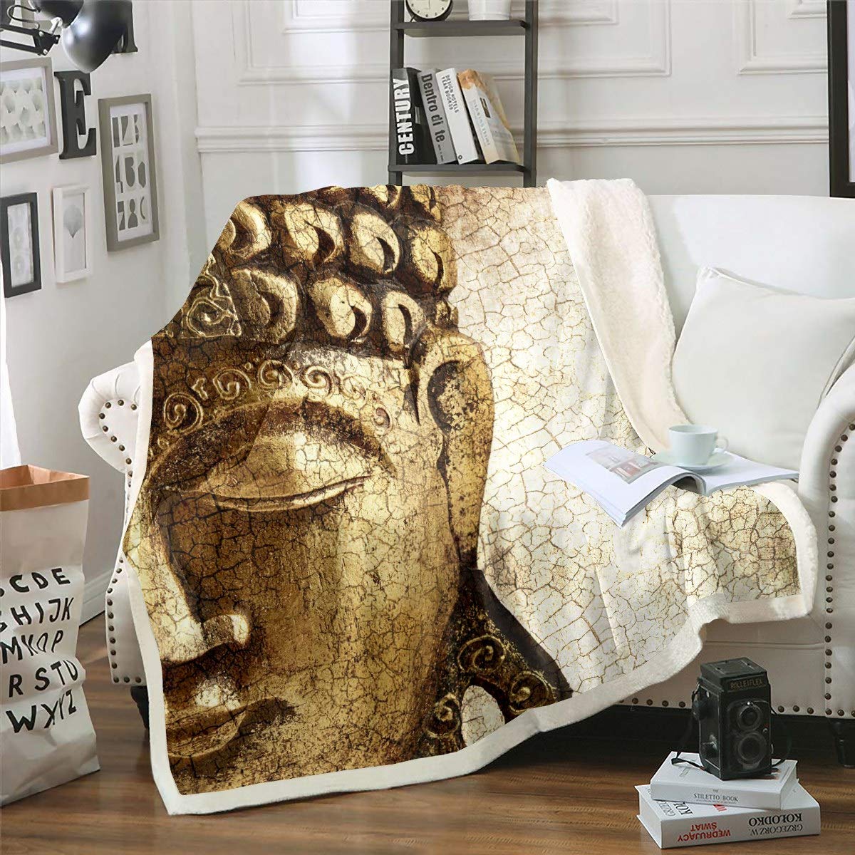 Buddha Statue Plush Blanket Buddha Fleece Throw Blanket Asian Culture Theme Sherpa Blanket Exotic Style Fuzzy Blanket for Sofa Bed Couch,Baby 30x40 Inch,Single 50x60 Inch