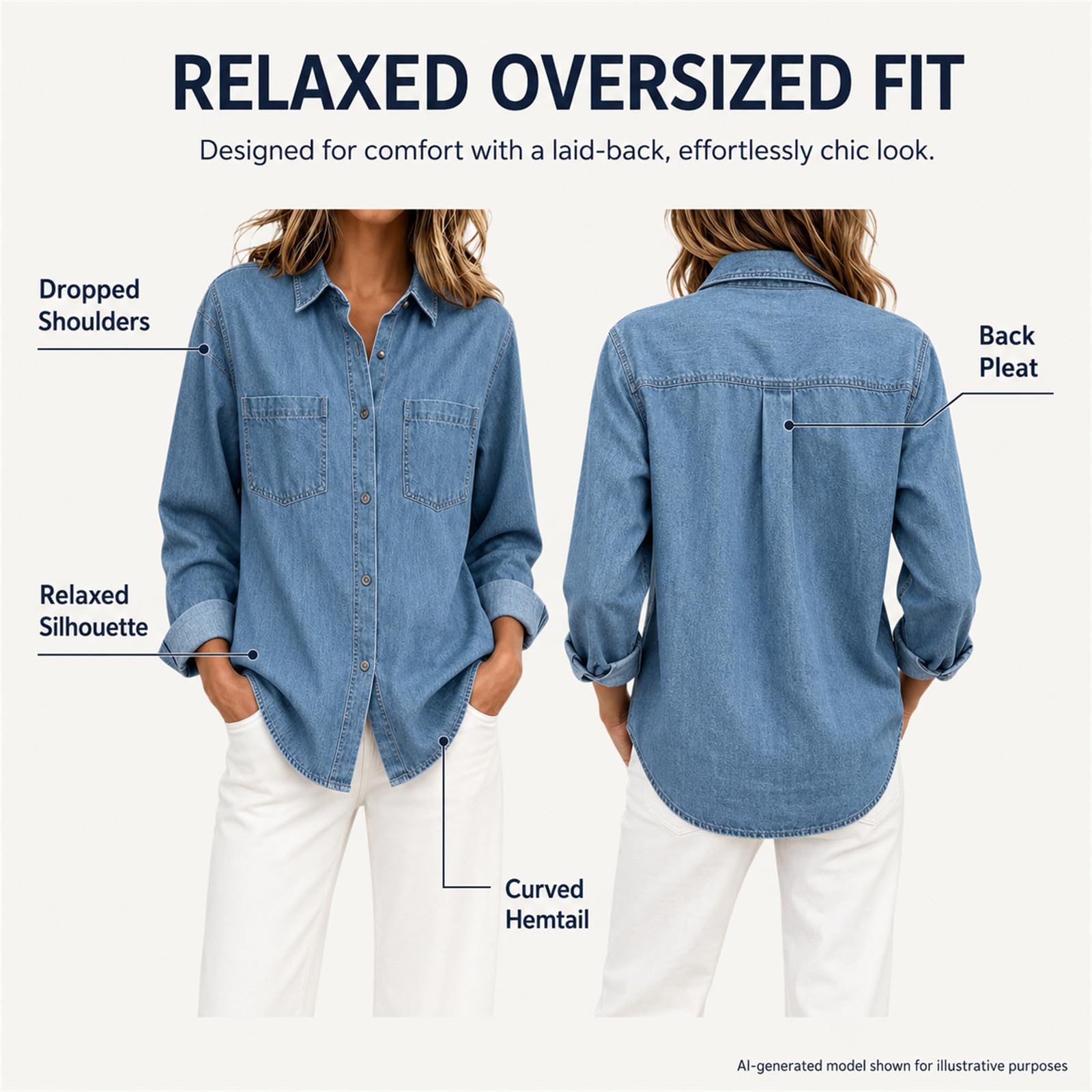 Camicia in jeans da donna, oversize, a maniche lunghe, con bottoni, con due tasche sul petto | Morbido denim con vestibilità oversize, abbottonatura continua e due tasche sul petto per una comoda stratificazione