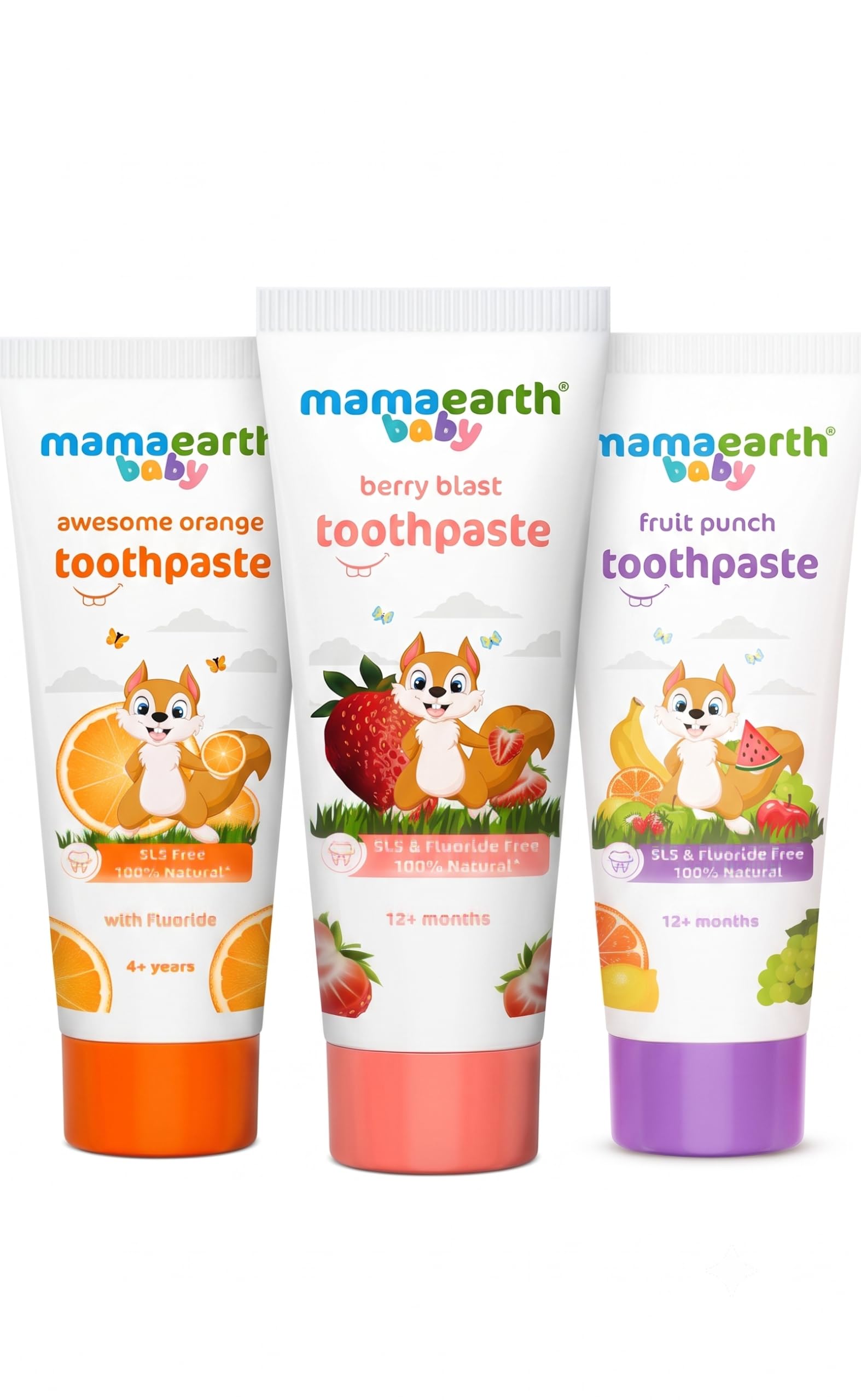 mamaearth kids 3-flavour toothpaste combo | orange, berry blast & fruit punch | daily oral care for healthy teeth & gums | 50g each