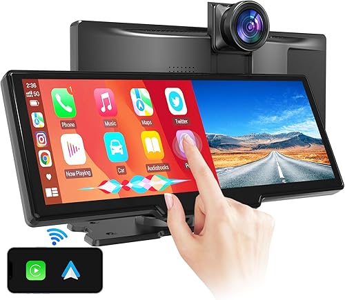 Pantalla portátil de Apple CarPlay montaje en tablero estéreo inalámbrico Android Auto con cámara de tablero de 2.5 K - Pantalla HD IPS de 10.26