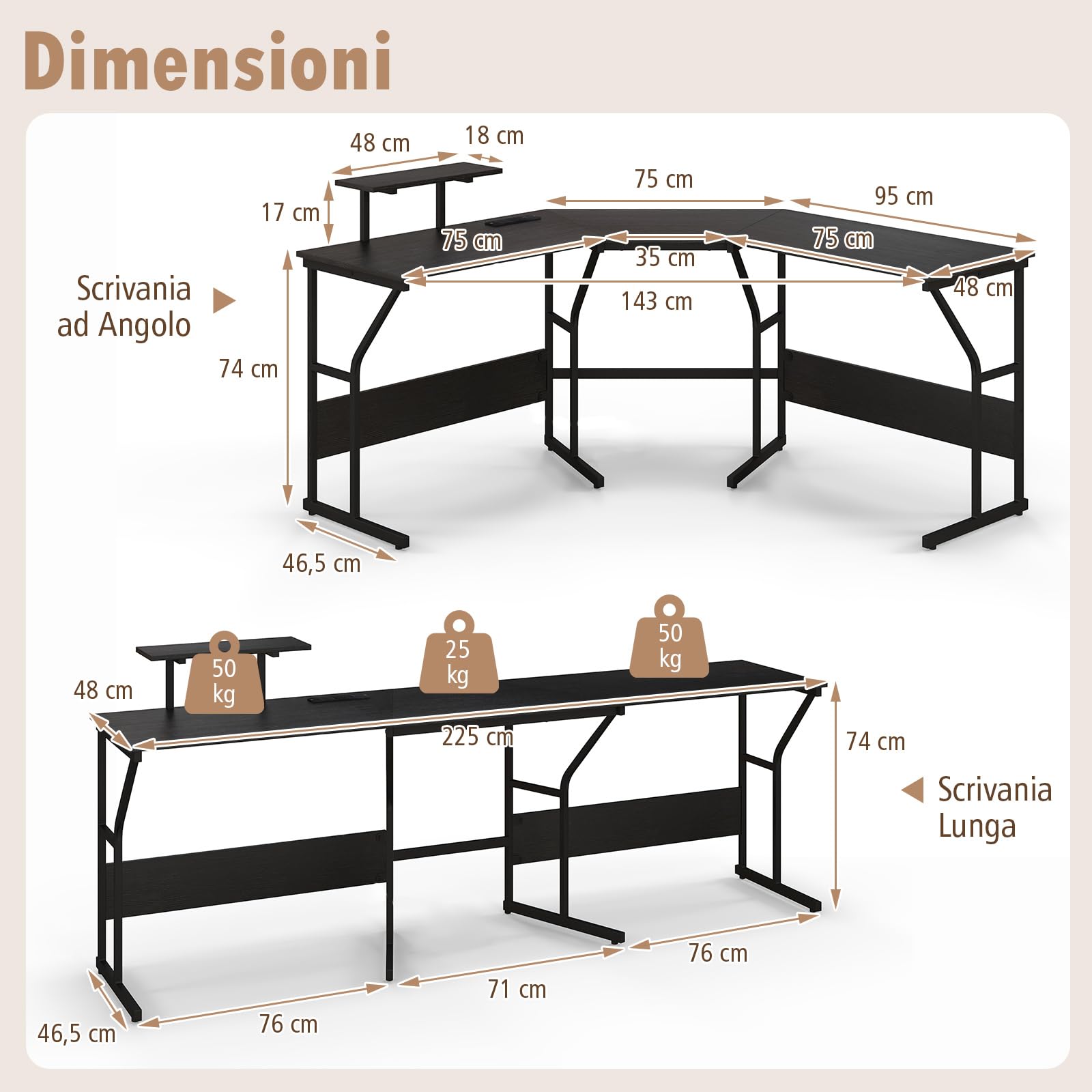 COSTWAY Scrivania ad Angolo a Forma di L con Presa Elettrica, Scrivania Angolare per Computer con Supporto Monitor Movibile, 225cm Postazione da Lavoro per 2 Persone per Lavoro e Gioco (Nero)