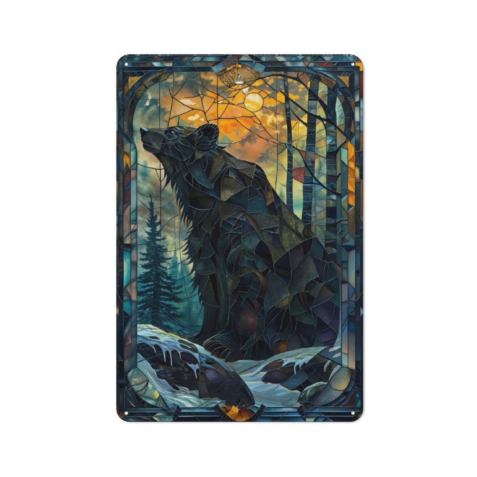 Junmoney Mystic Stained Glass Bear Rustic Metal Plaque 30X20cm For Studio Or Craft Room, Suited To Craft Room Decorators
