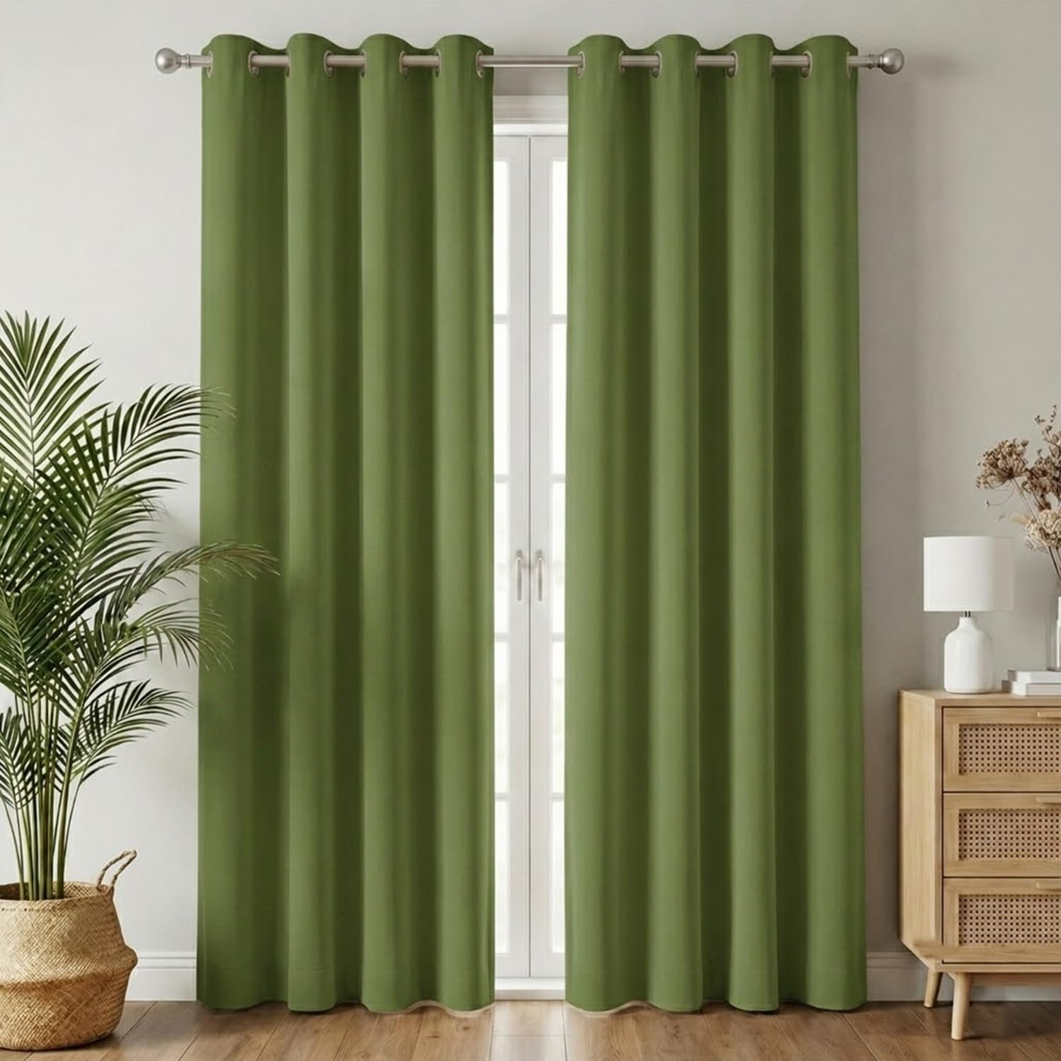 100% Blackout Window Curtains, 9 Feet, Solid Design, Faux Silk, Thermal Insulated, Noise Reducing Eyelet Door Curtain with Tie Back for Living Room & Bedroom, 115x274cm, Pack of 1 - Green