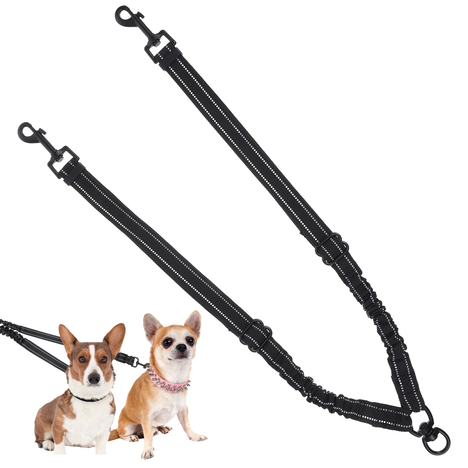 Dual Dog Leash, Reflective Double Dog Leash, 360° Rotating Dual Leashes for 2 Dogs No Tangle, Black Adjustable Straps and Shock-Absorbing Elastic Band for Dogs of Different Sizes