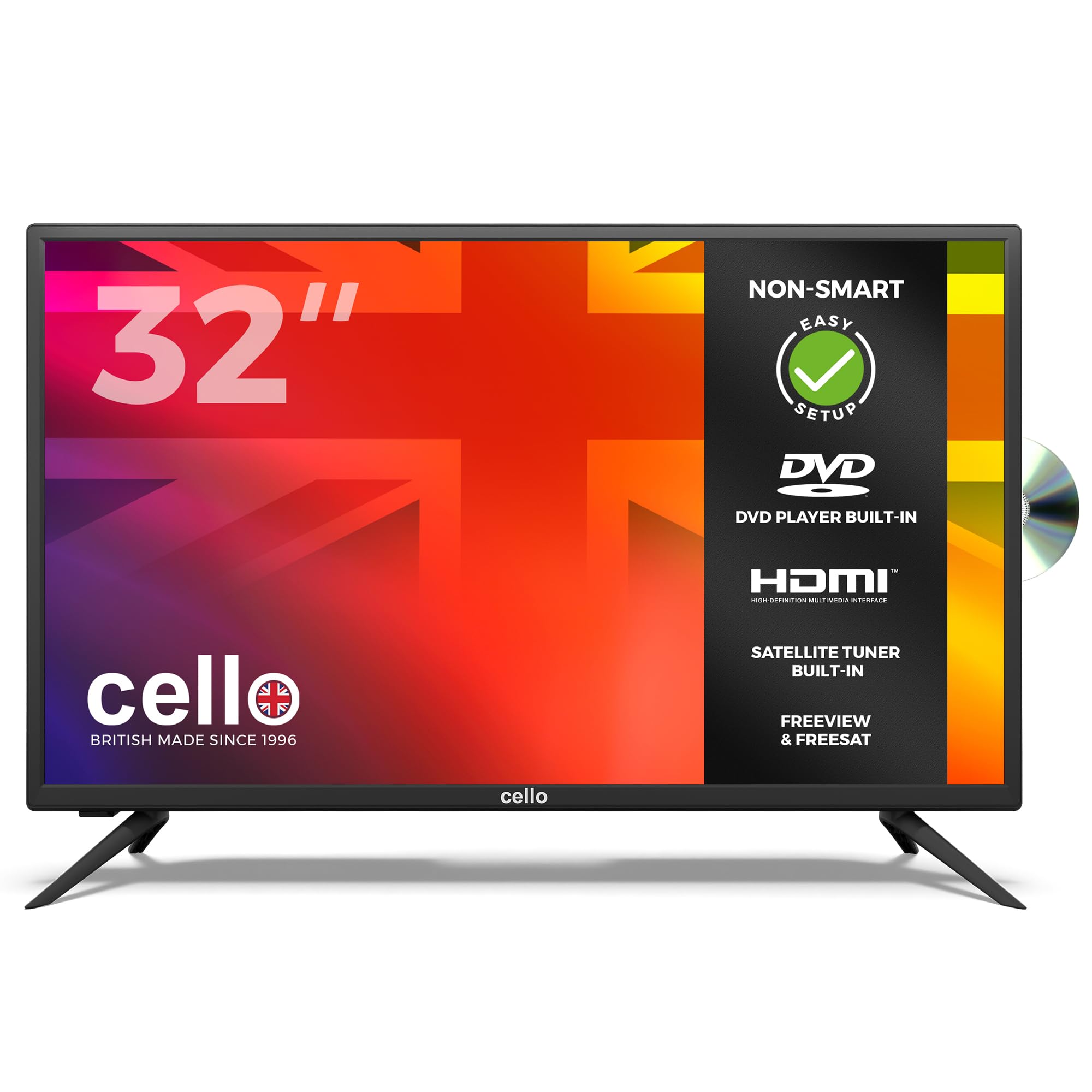 Cello C3220F 32" inch HD Ready LED TV with built in DVD player with Freeview HD Built in Satellite receiver 3 X HDMI and USB 2.0 to record Live TV Made in the UK,Black