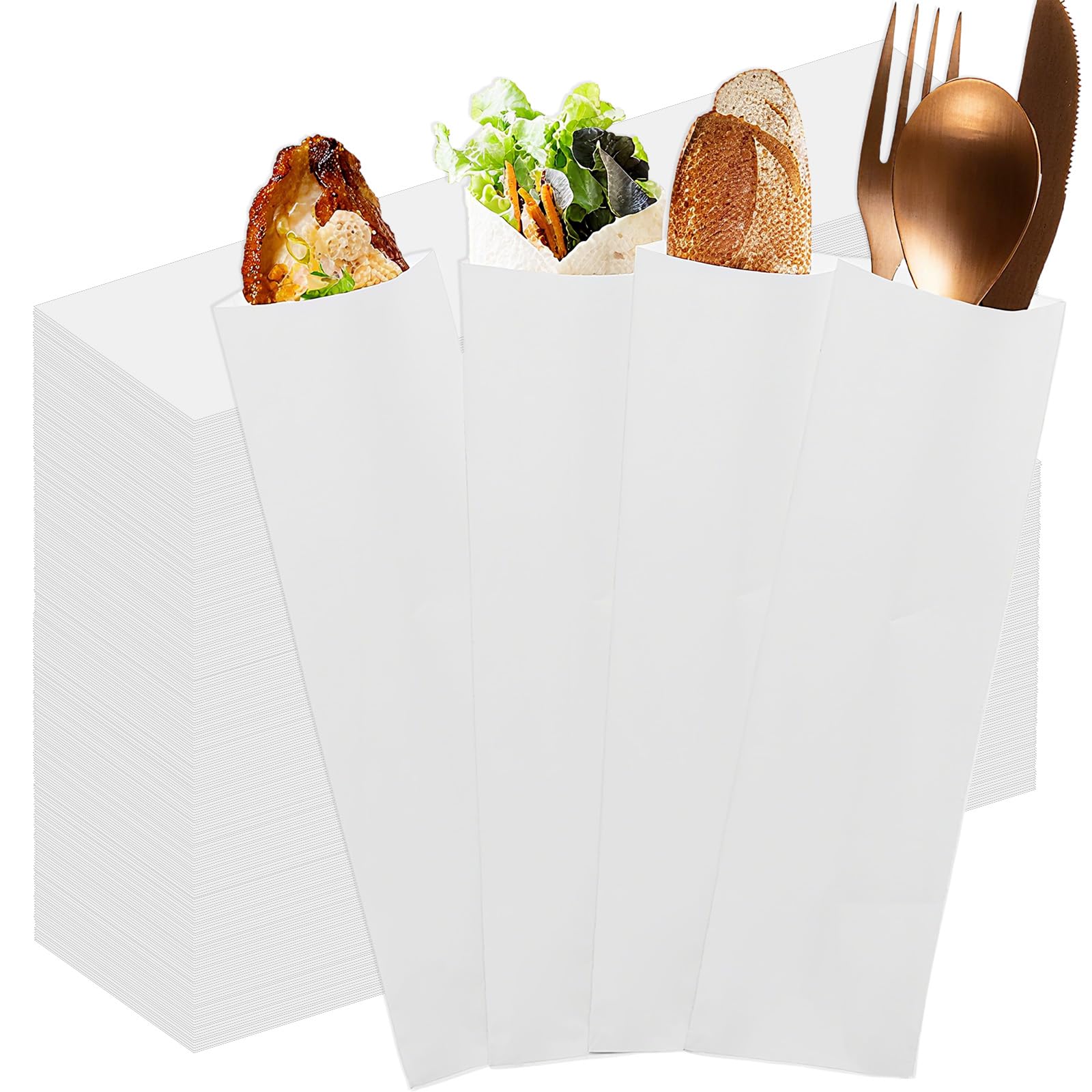 500 Pcs Kraft Paper Utensil Sleeves, 9.8 x 2.7 Inch Paper Cookie Bags, Silverware Sleeves, White Kraft, for Kitchen Utensils Cutlery Bakery Rods Candy (500)