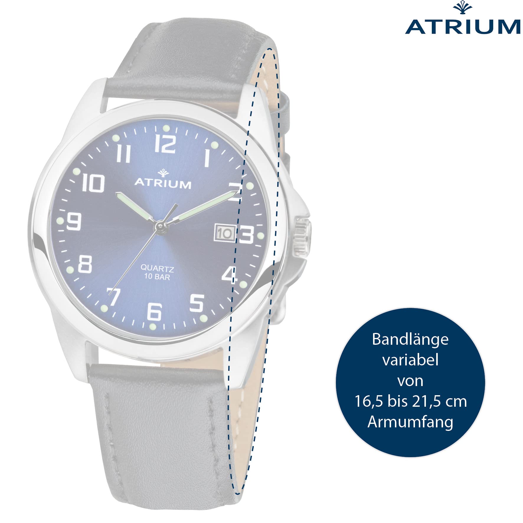 Atrium Herren-Armbanduhr Edelstahl silberfarben Analog Quarz 10 bar mit Datum, Leuchtzeiger, sehr deutliches Zifferblatt Dunkelblau und Lederband schwarz A16-15