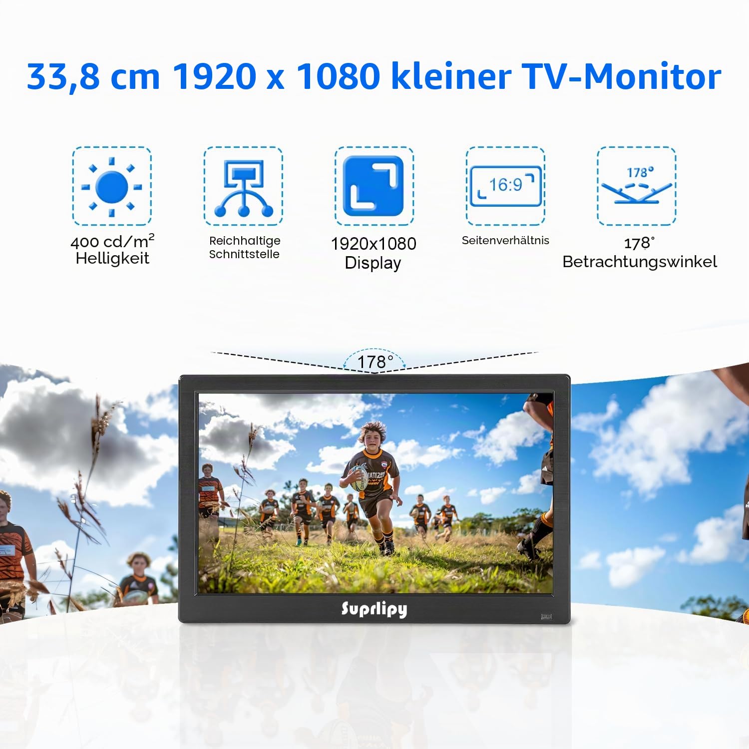 13,3 Zoll FHD Kleiner IPS-Monitor LCD-Bildschirm 1920x1080 60Hz 16:9 mit BNC VGA AV-Eingang Eingebaute Lautsprecher für CCTV-Überwachungskamera DVR PC RasPi