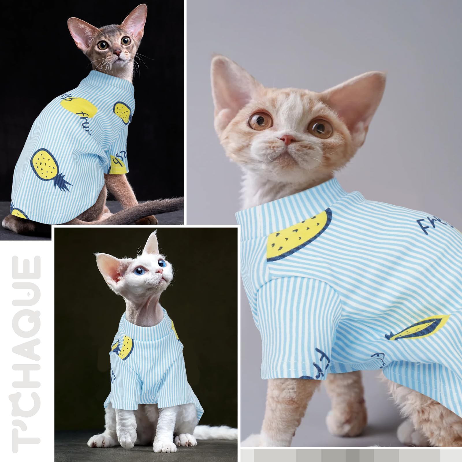 T'CHAQUE Sphynx Cat Clothes, Stretchy Hairless Kitten Shirt, Soft Pullover Sweater with Pineapple Print, Cute Pajamas for Cornish Rex & Devon Rex, Blue Stripes Breathable Outfit, S