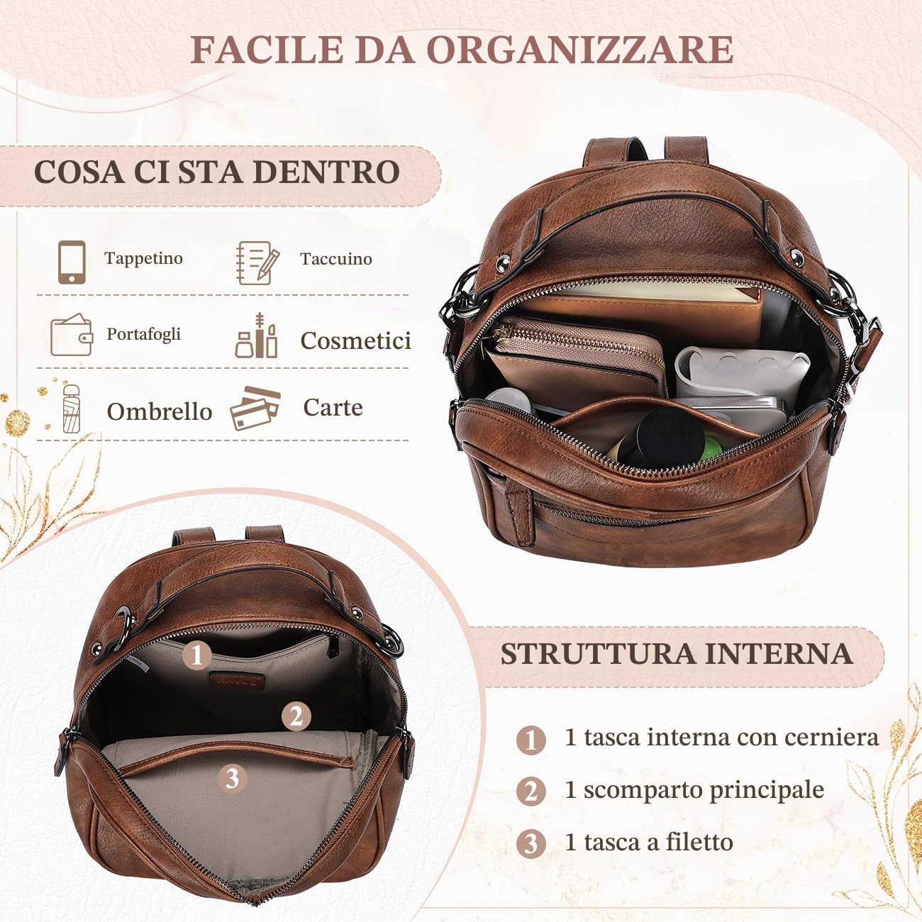 RAVUO Mini Borsa Zaino per Donne, Cute Faux Leather Convertible Borse Moda Donne Trendy Borsa a Tracolla 3 Modi per Trasportare