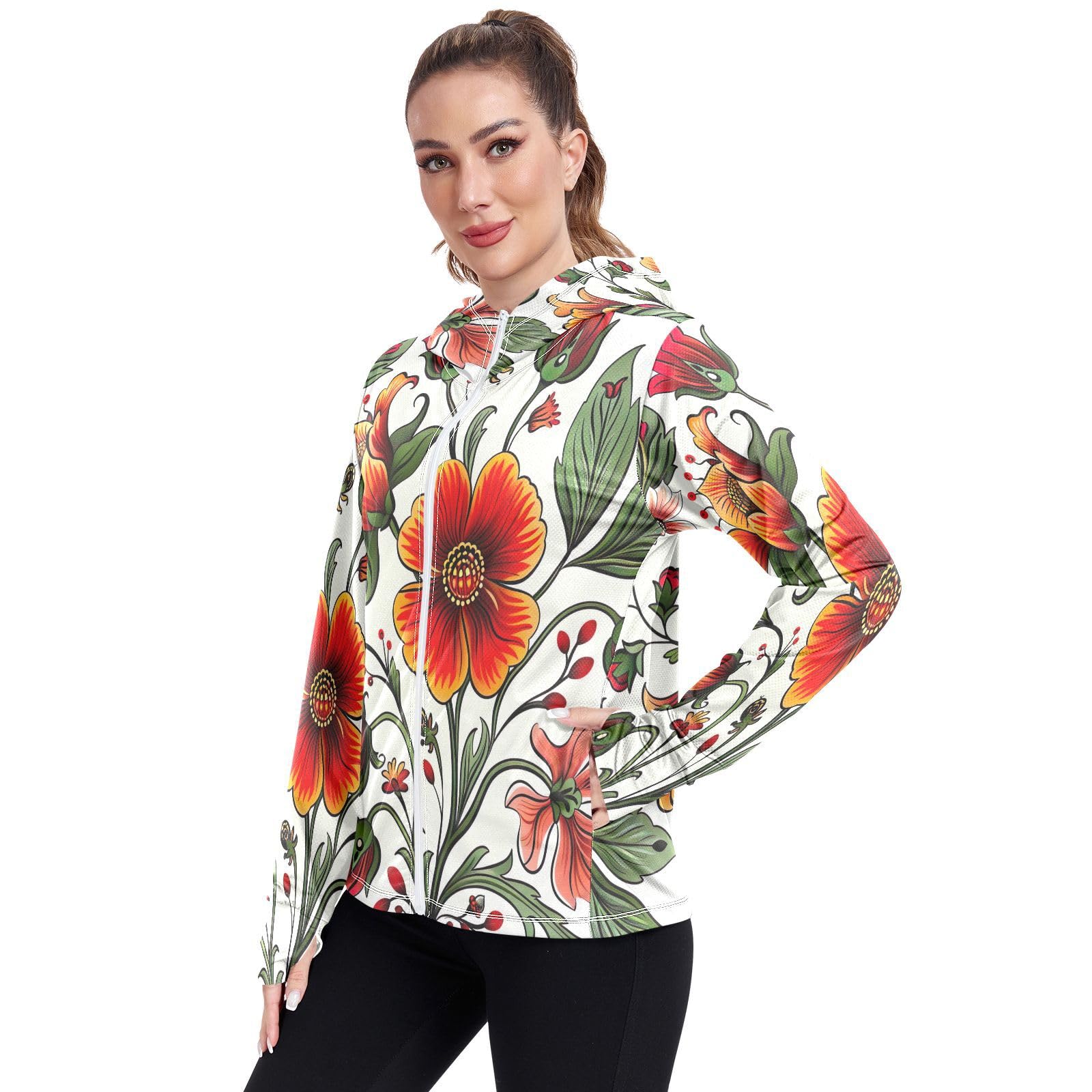 Kigai Flower Women's UPF 50+ Sun Protection Hoodie Jacket with Pocket Zip Long Sleeve Sun Shirt for Gardening Hiking Outdoor