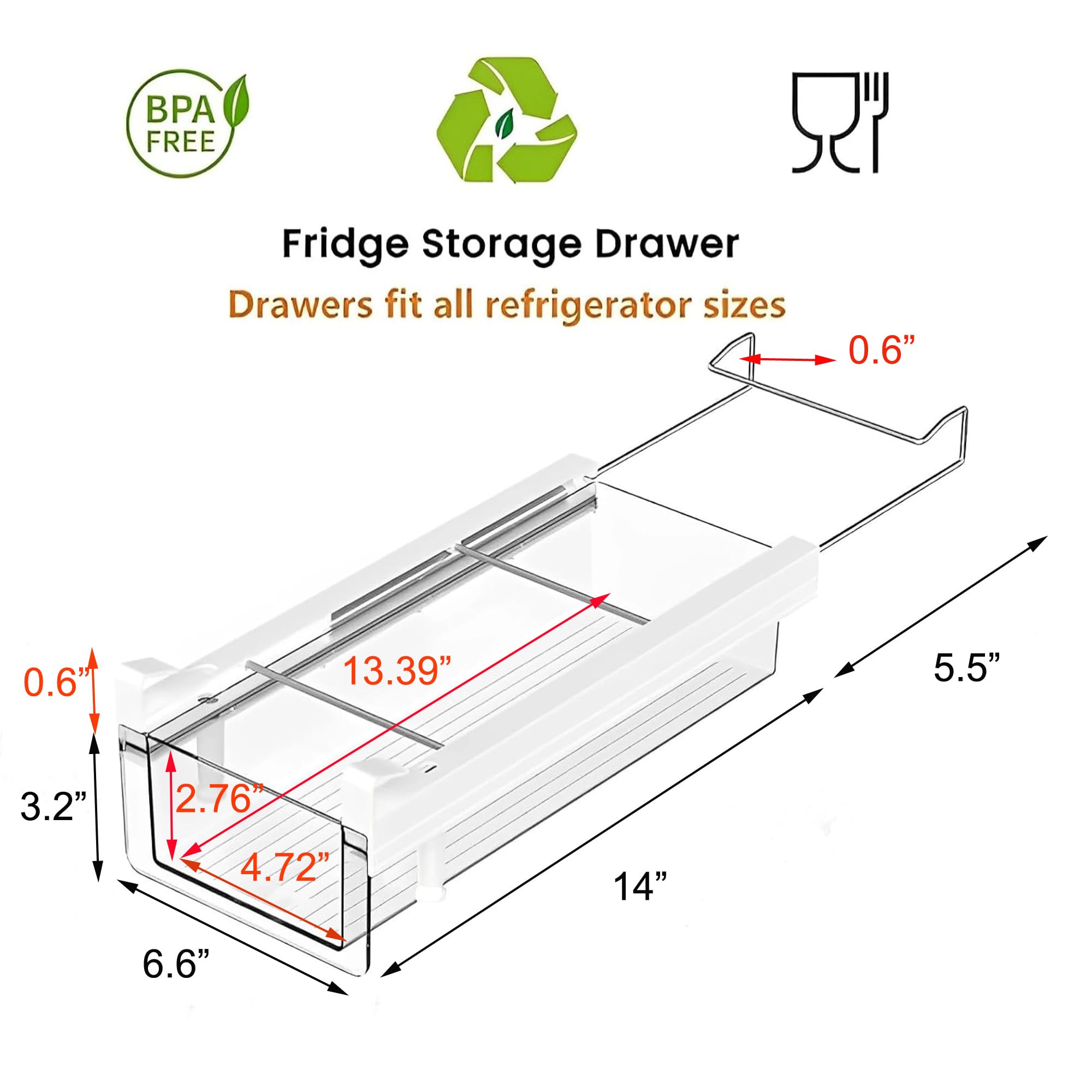 Contenedores organizadores de refrigerador, cajón de plástico transparente para refrigerador con asa, organizador de cajones de nevera debajo del estante para queso, carne delicatessen, 2