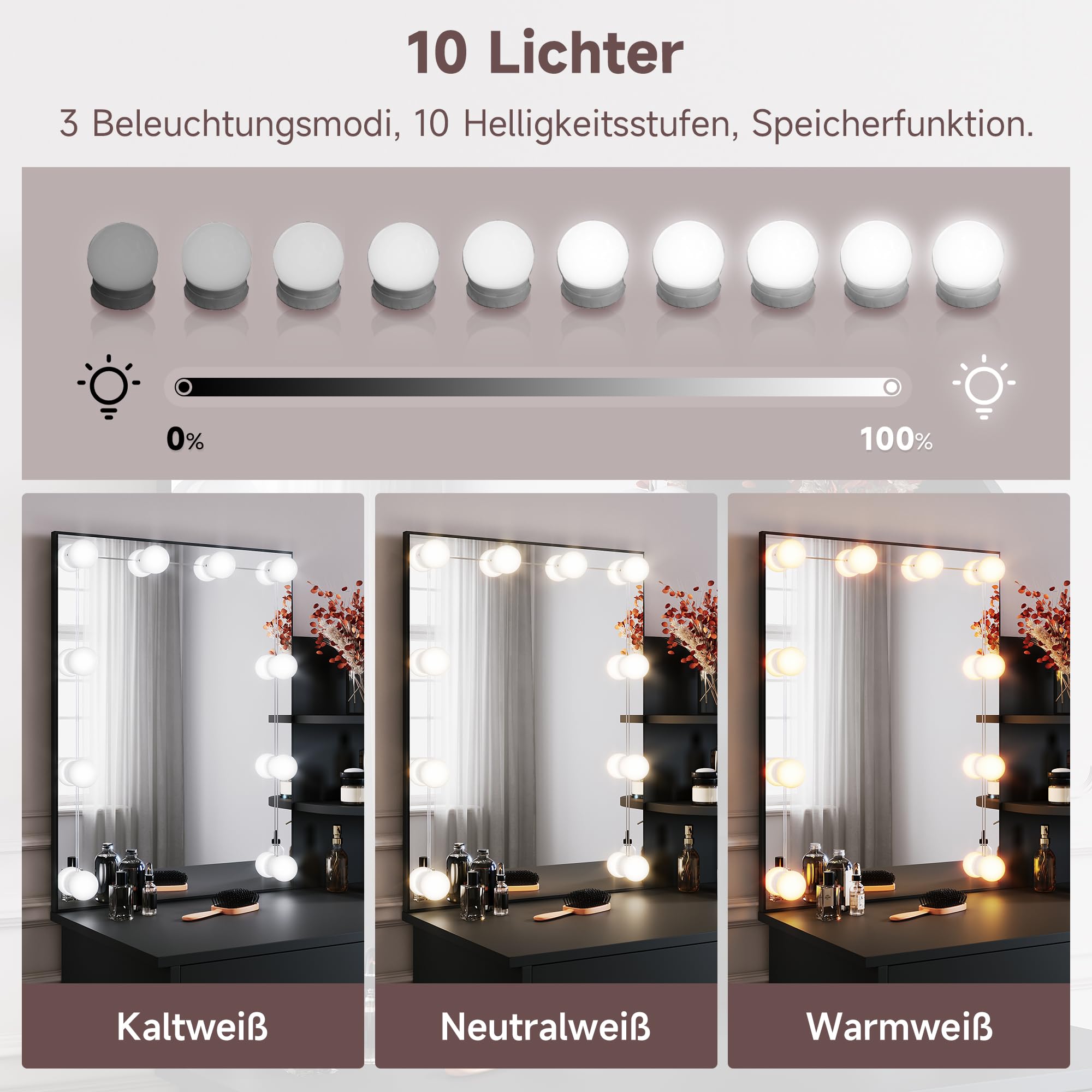 SONNI Toaletka z oświetleniem LED i lusterkiem HD, z 10-stopniową regulacją jasności, 3 kolory, toaletki z szufladami do sypialni, 3 otwarte przegrody, czarna, 70x40x140cm