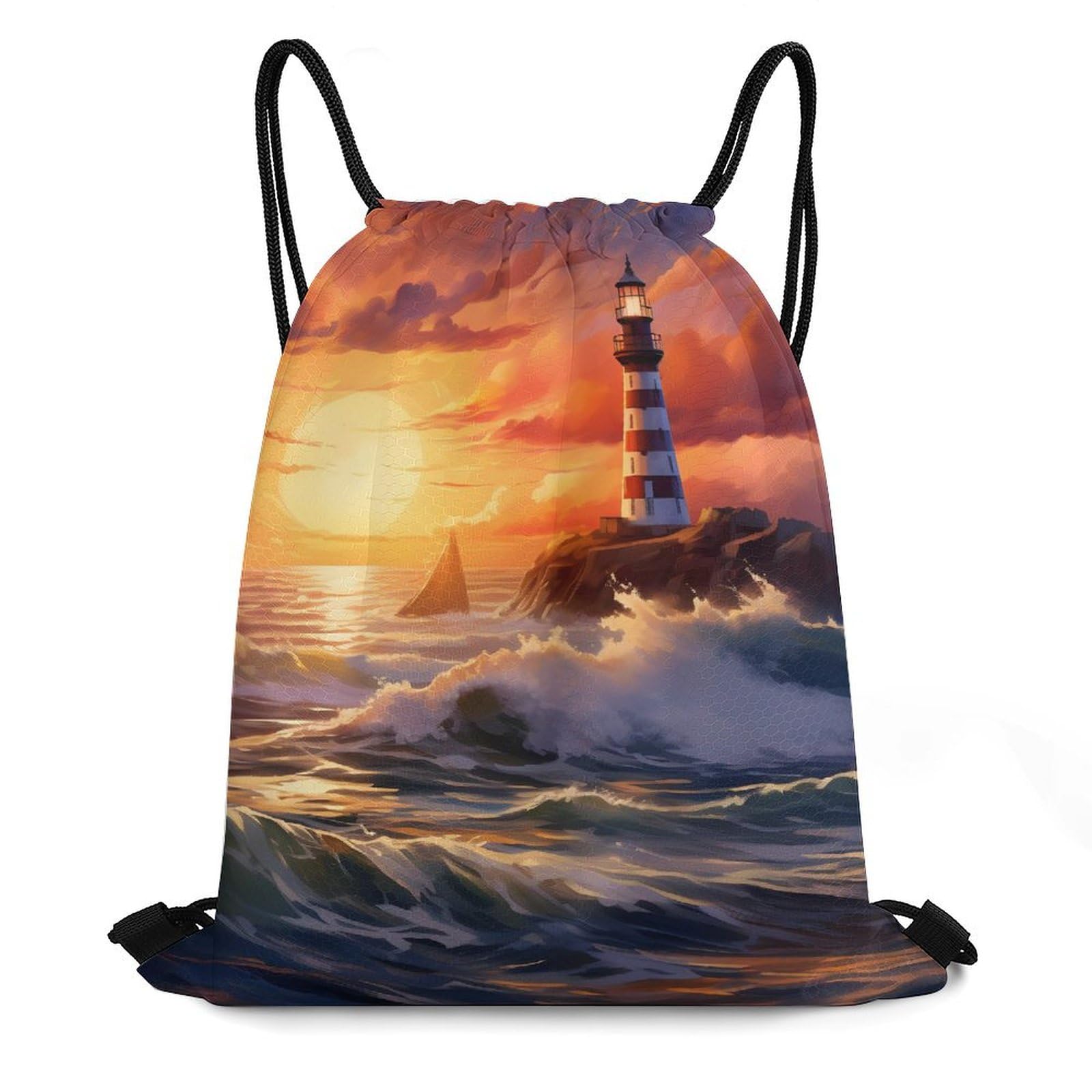 Sunset Lighthouse Seaside Scene Drawstring Backpack Durable Sport Gym Bags Daypack for Men Women 35 * 42cm