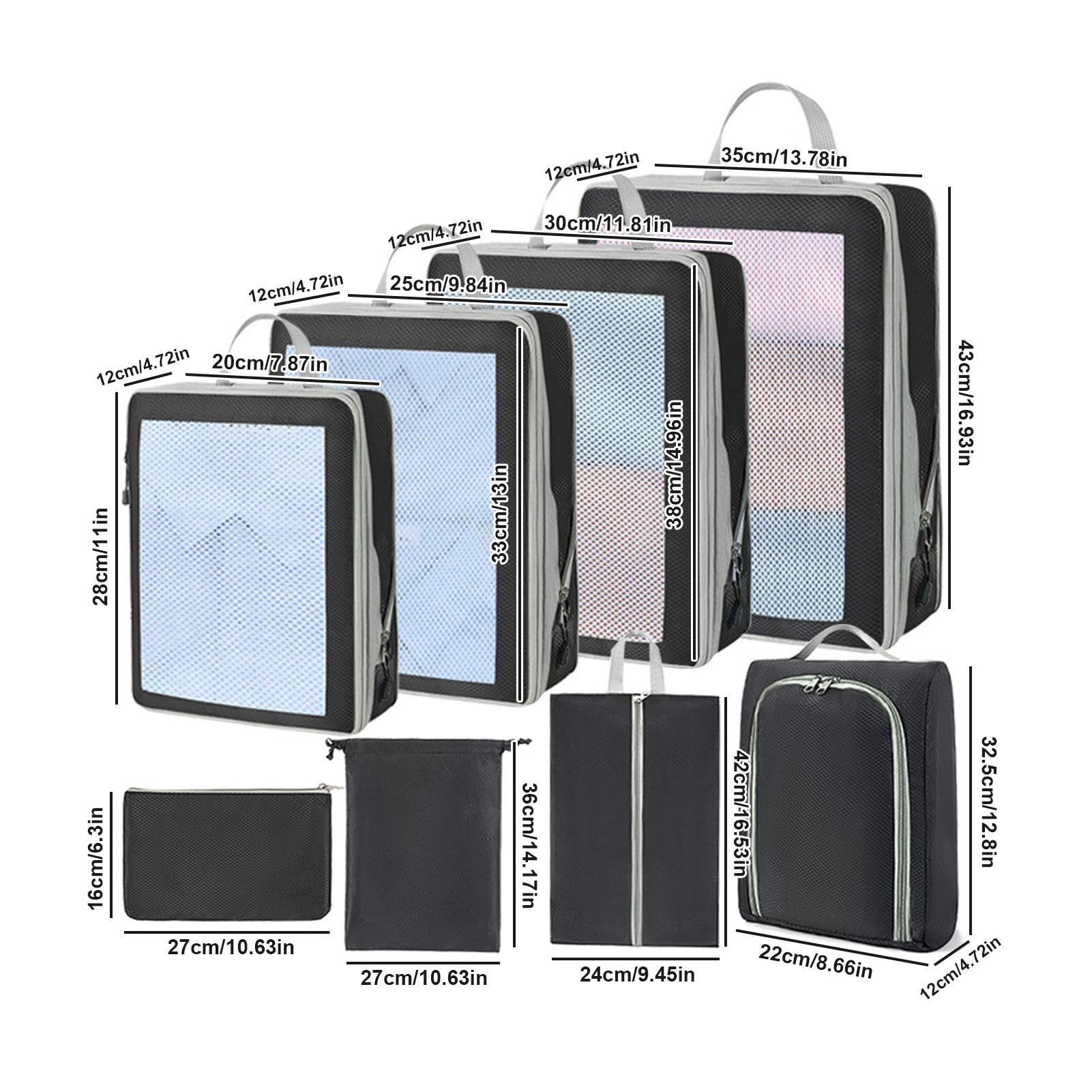 Borse organizer, borse a compressione per viaggi, set di 8 tasche impermeabili per valigia, contenitore per abiti con cerniera e manico per dormitori, soffitta e