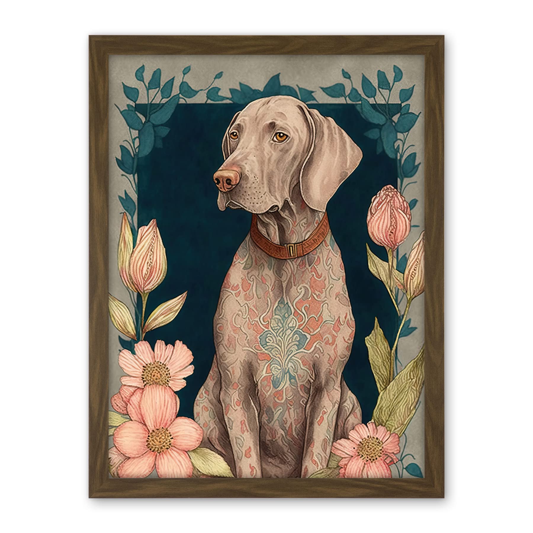 Artery8 Grey Weimaraner Dog with Ornate Pattern Fur Coat and Flowers Modern Art Nouveau Illustration Artwork Framed Wall Art Print 18X24 Inch