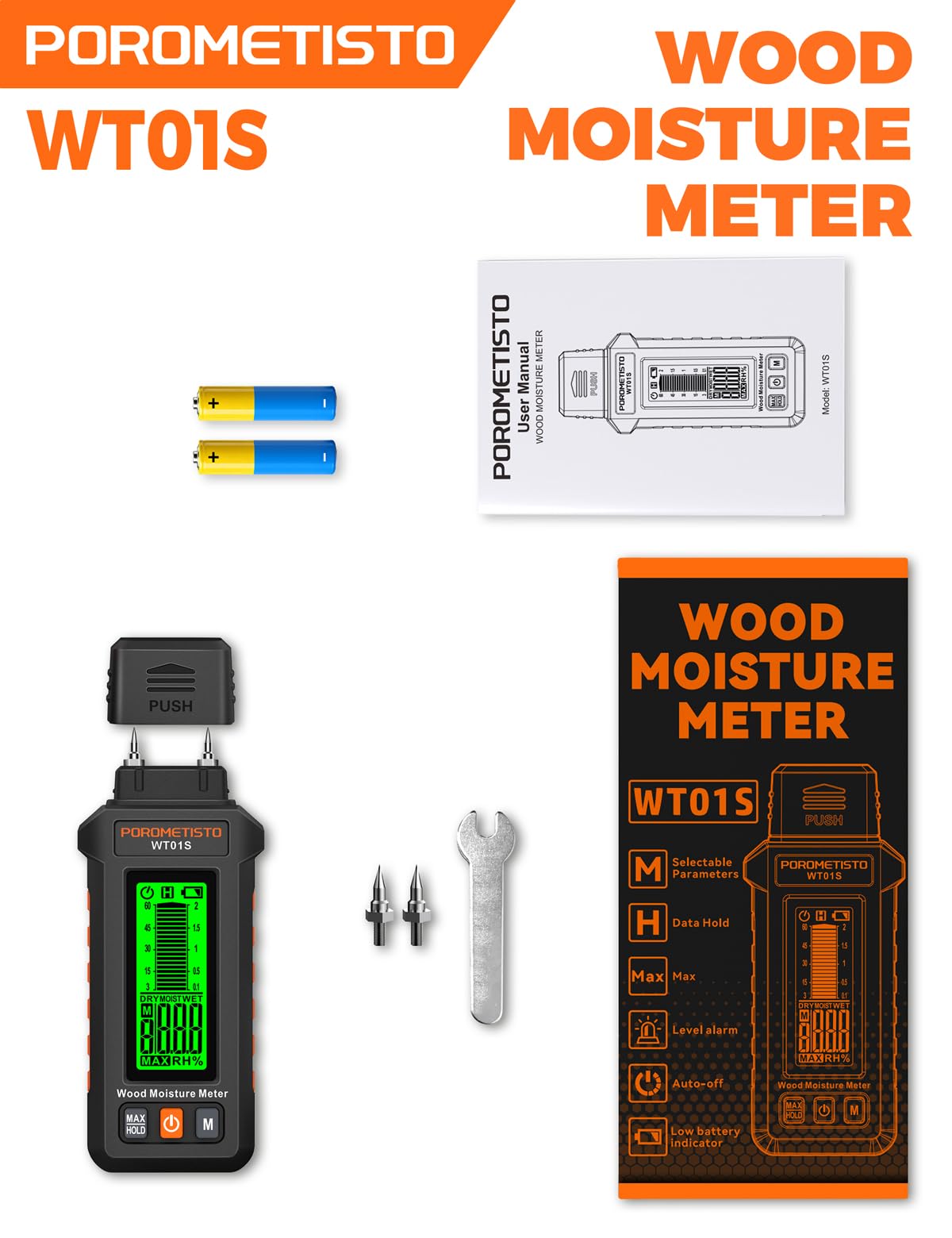 5 IN 1 Testeur Humidité Bois WT01S,POROMETISTO Détecteur humidité 5 MODES, Detecteur humidite avec Valeur Maximale, Détecteur d'Humidité pour Bois Murs Béton Maçonnerie, Testeur humidité platre