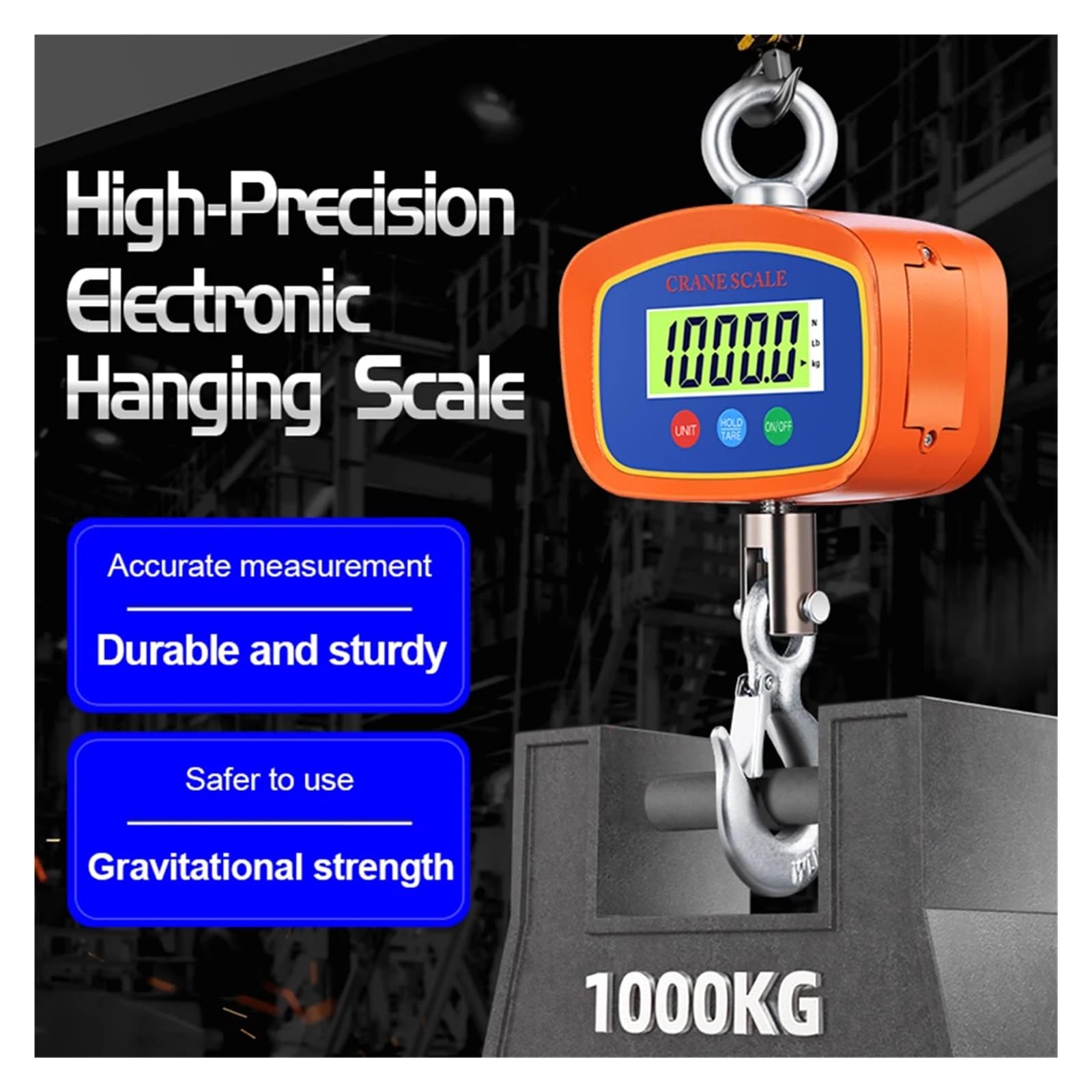Báscula colgante digital de 1000 kg/500 g, báscula industrial con grúa y carcasa de aluminio, pantalla LCD retroiluminada, retención de datos, tara y cero Retención y tara