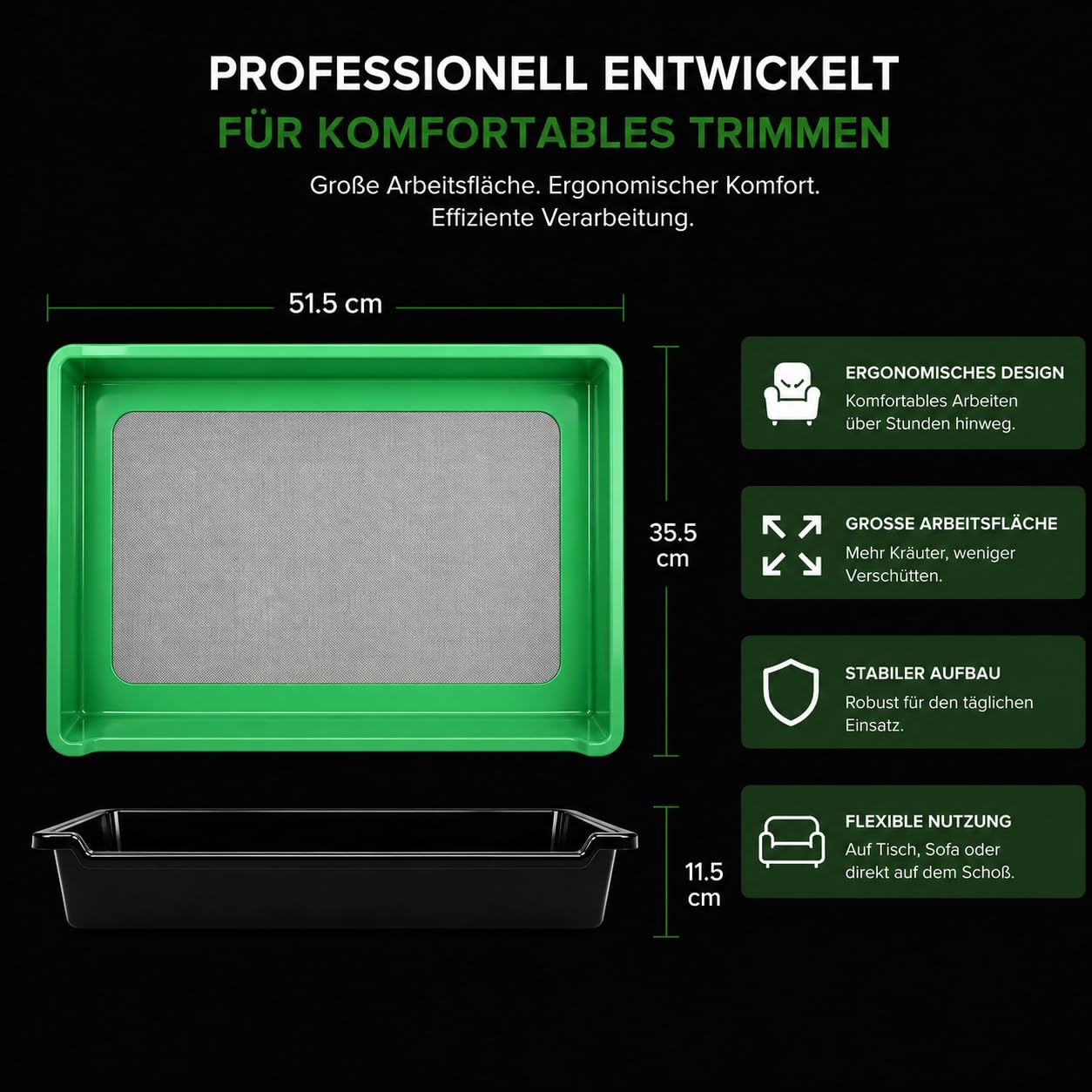 Trimming Tray Set Professional Trimmschale mit XXL Edelstahlsieb 150 Mikron,Ergonomisches Extra Tiefe Pollen-Schale & Rutschfester Boden, Komplettset mit 2 Scheren Bürste und Lupe, 51,5 x 35,5cm