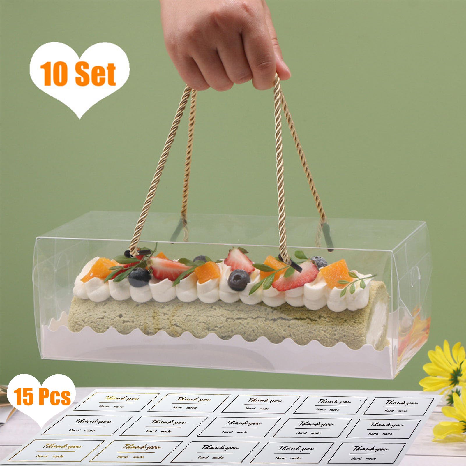 YankMooM 10 Pcs Clear Swiss Roll Cake Box,27.5 x 11 x 9.5cm Large Transparent Cake Box Rectangle Dessert Boxes with Handle for Cake Bakery Party Christmas and Wedding Party Favors - Image 2