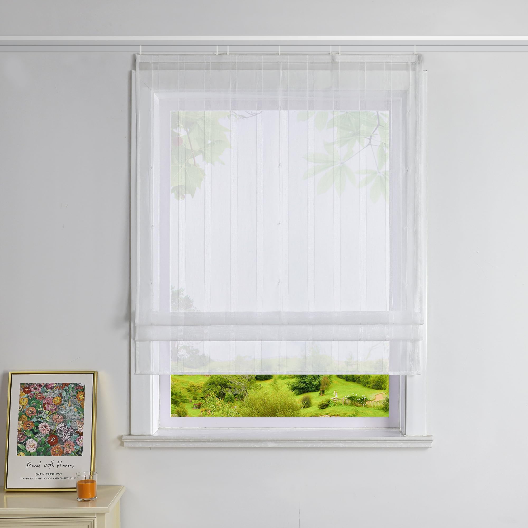 Heichkell Leinenoptik Raffrollo ohne Bohren Transparent Vorhang Landhaus Raffgardine Unifarbene Gardine Weiß mit Klettband BreitexHöhe 140x140 cm