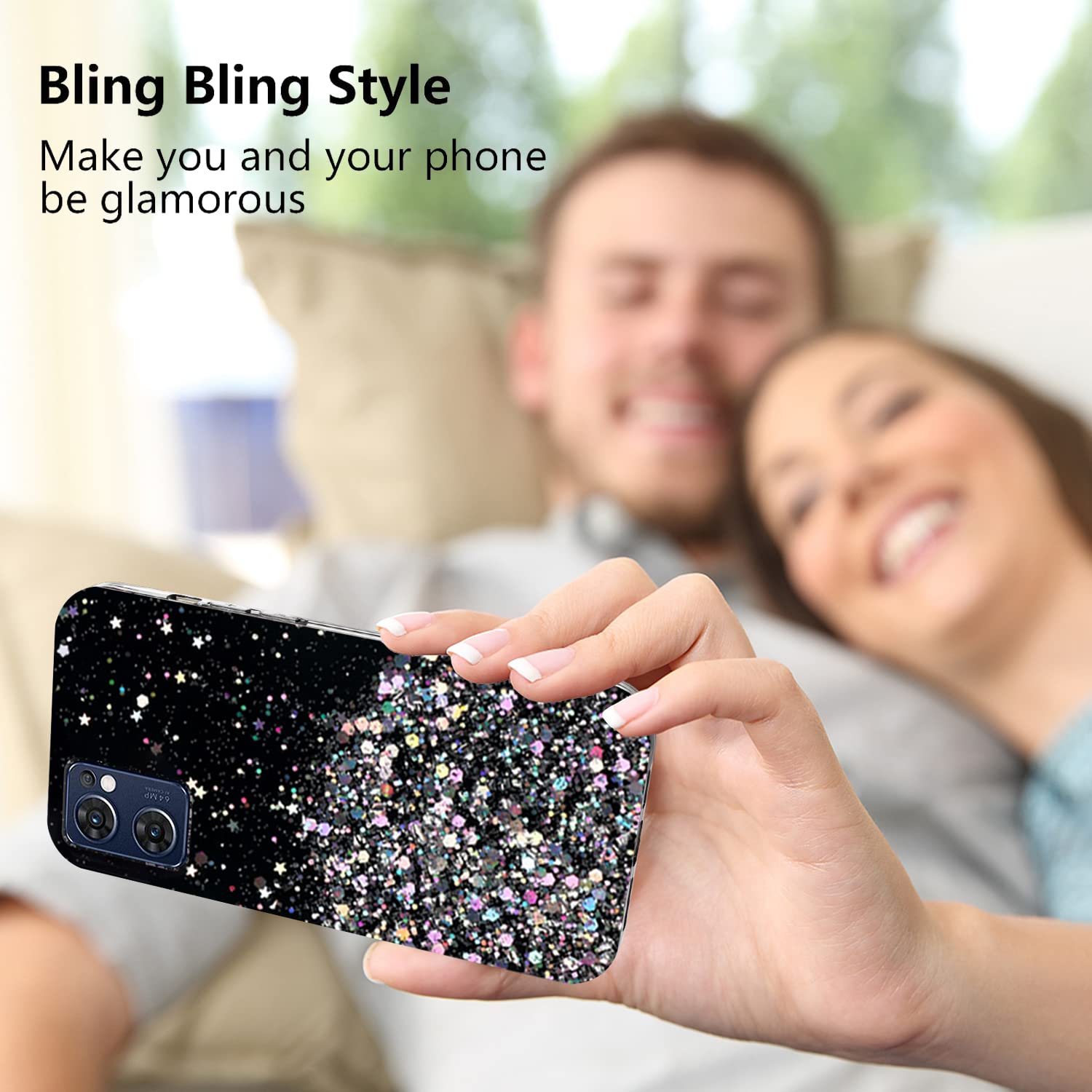 Custodia Glitter Per Oppo Find X5 Lite – Cover Sottile In Silicone Trasparente Con Brillantini, Anti-impronta E Assorbimento Urti (Nero) - 5
