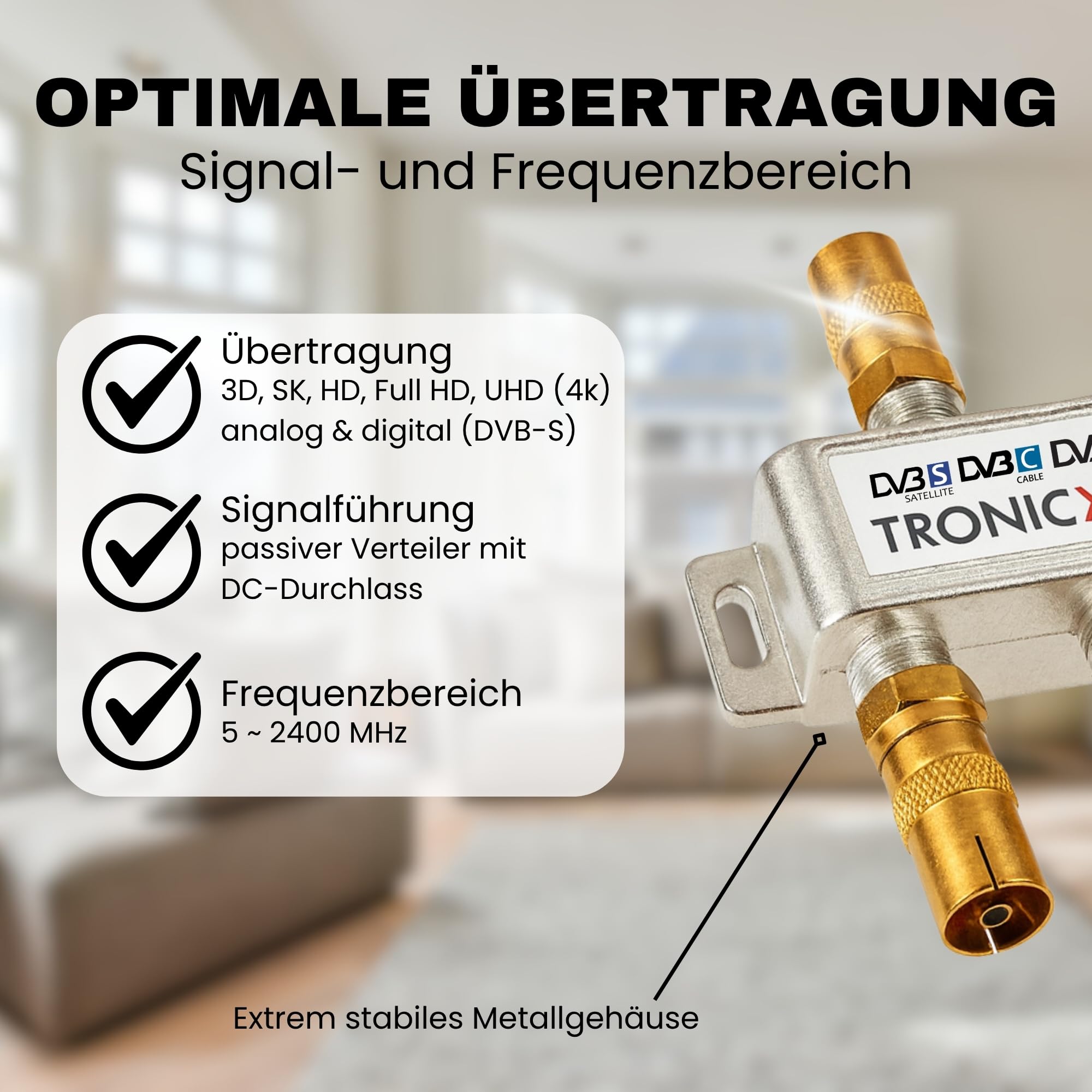 TronicXL - Splitter coassiale per antenna di alta qualità, presa femmina per DVBT, DVBT2, DVBC, SAT, per TV via cavo, Unitymedia, Vodafone, NetAachen, Primacom, tv HD, 3D, 4K
