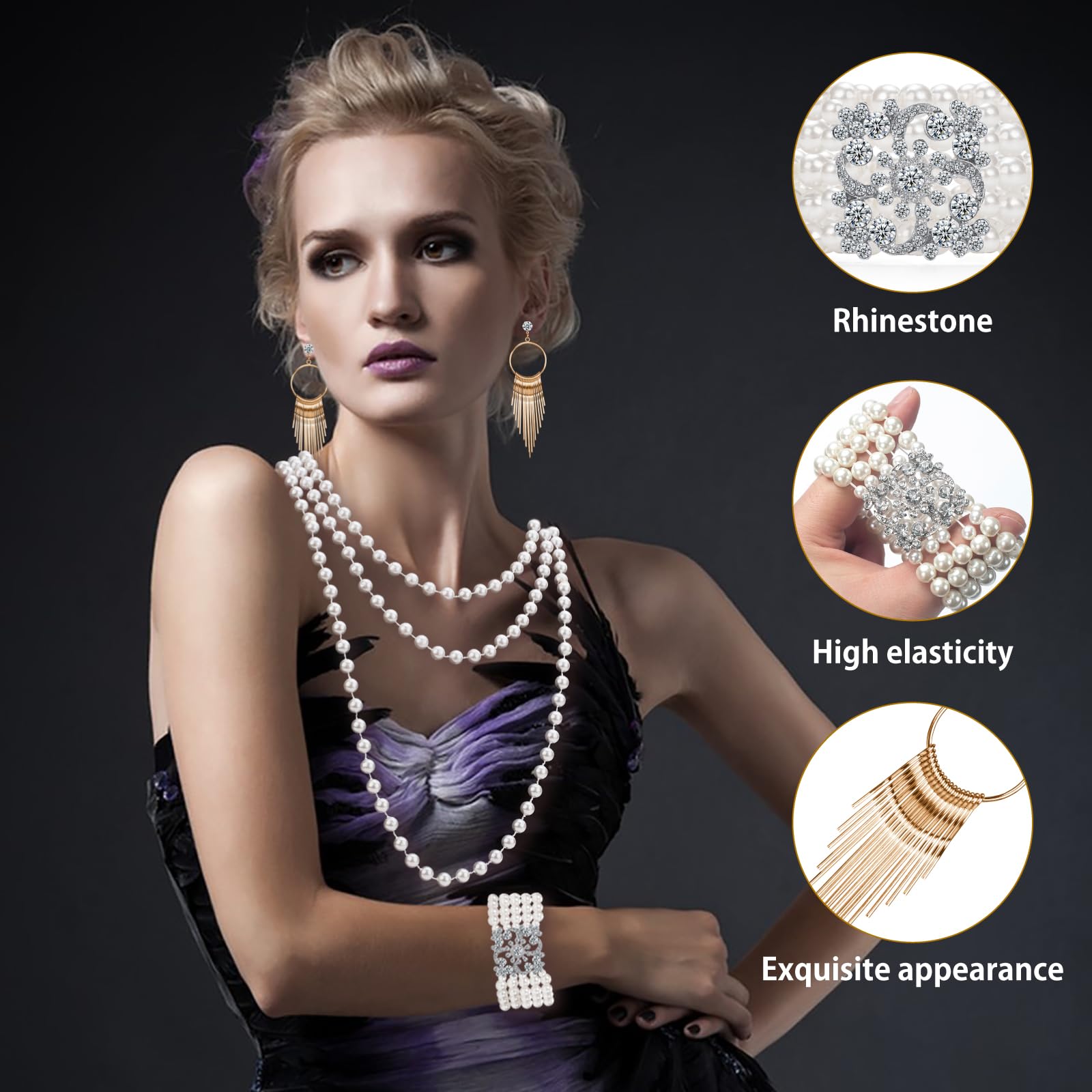 1920s Pearl Jewelry Set - Long Pearl Necklace, Earring Set, Multilayer Bracelet - Flapper Accessories for Women