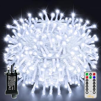 Ollny Christmas Tree Lights, 20m 200 LED Outdoor Fairy Light Mains Powered, Waterproof Cool White String Light with Plug,Remote/8 Modes/Timer, Bright Lighting Indoor/Outside/Garden/Xmas Decorations [Energy Class G]