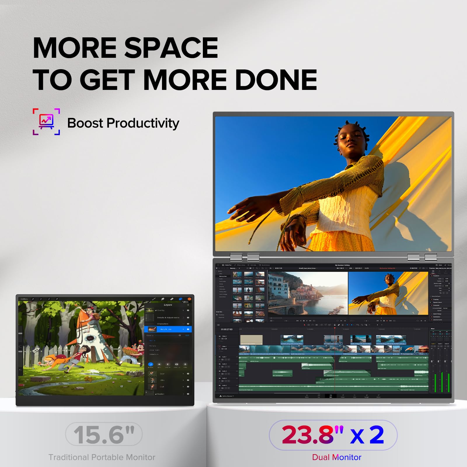 UPERFECT Delta - Monitor Dual portátil de 23,8 Pulgadas, 100 Hz, 1080P HDR 360°, Plegable, con Soporte y VESA, para Ordenador portátil, PC, teléfono, Consola de Juegos (no Necesita Controlador)