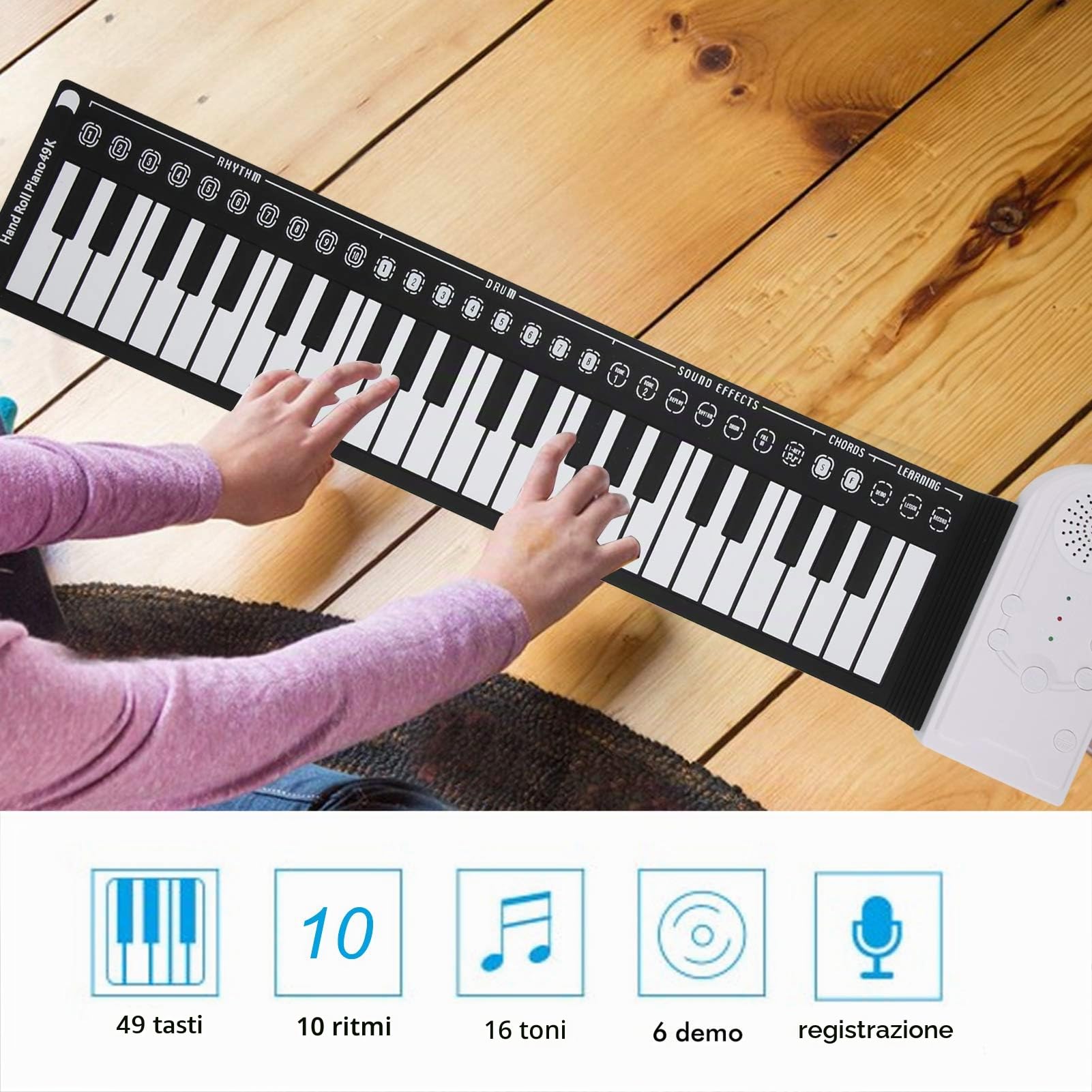 Tastiera per Pianoforte Elettrico a 49 Tasti, Pianoforte Pieghevole Portatile, Tastiera Elettrica USB Ricaricabile, Regali per Bambini Adulti