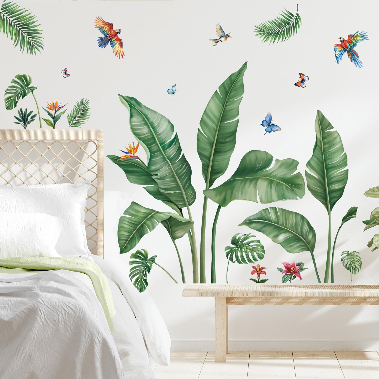 SHUCHING Tropical Palm Leaves Wall Stickers Removable Vinyl, Large Green Leaf Wall Decals Decoration Art for Living Room Bedroom Bathroom