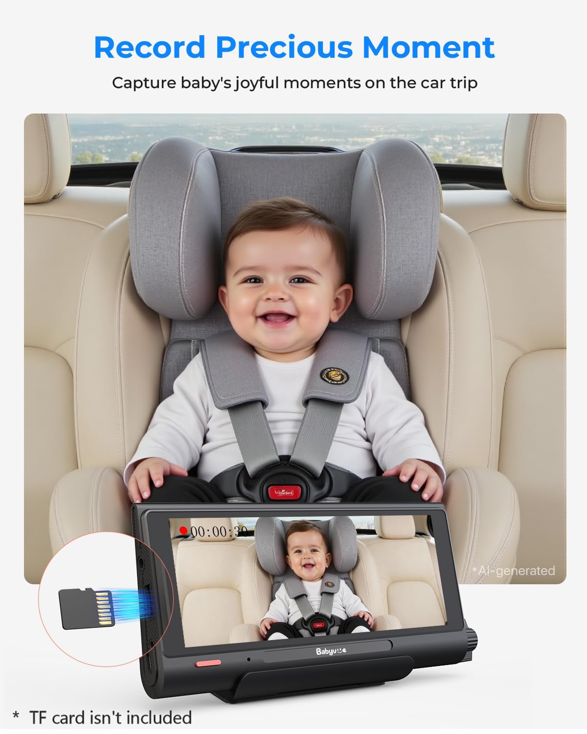 Babyvue BV7 Kamera samochodowa dla dzieci, 18,2 cm, z dzielonym wyświetlaczem Carplay i nagrywaniem w nocy, IR 1080p, składany uchwyt, tryb uśpienia, łatwy montaż i