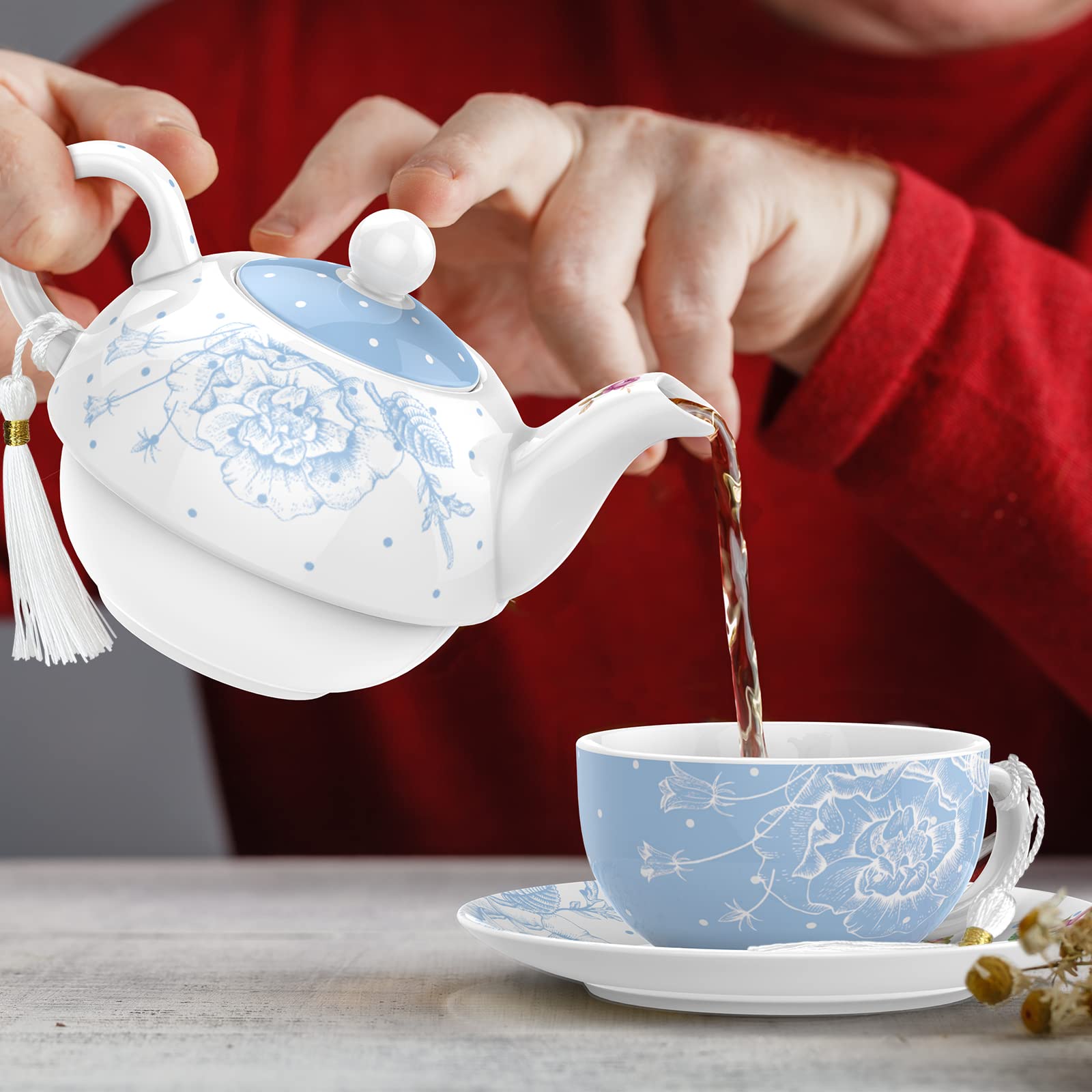 Juego de té de porcelana vintage azul 350 ml para una tetera y platillos