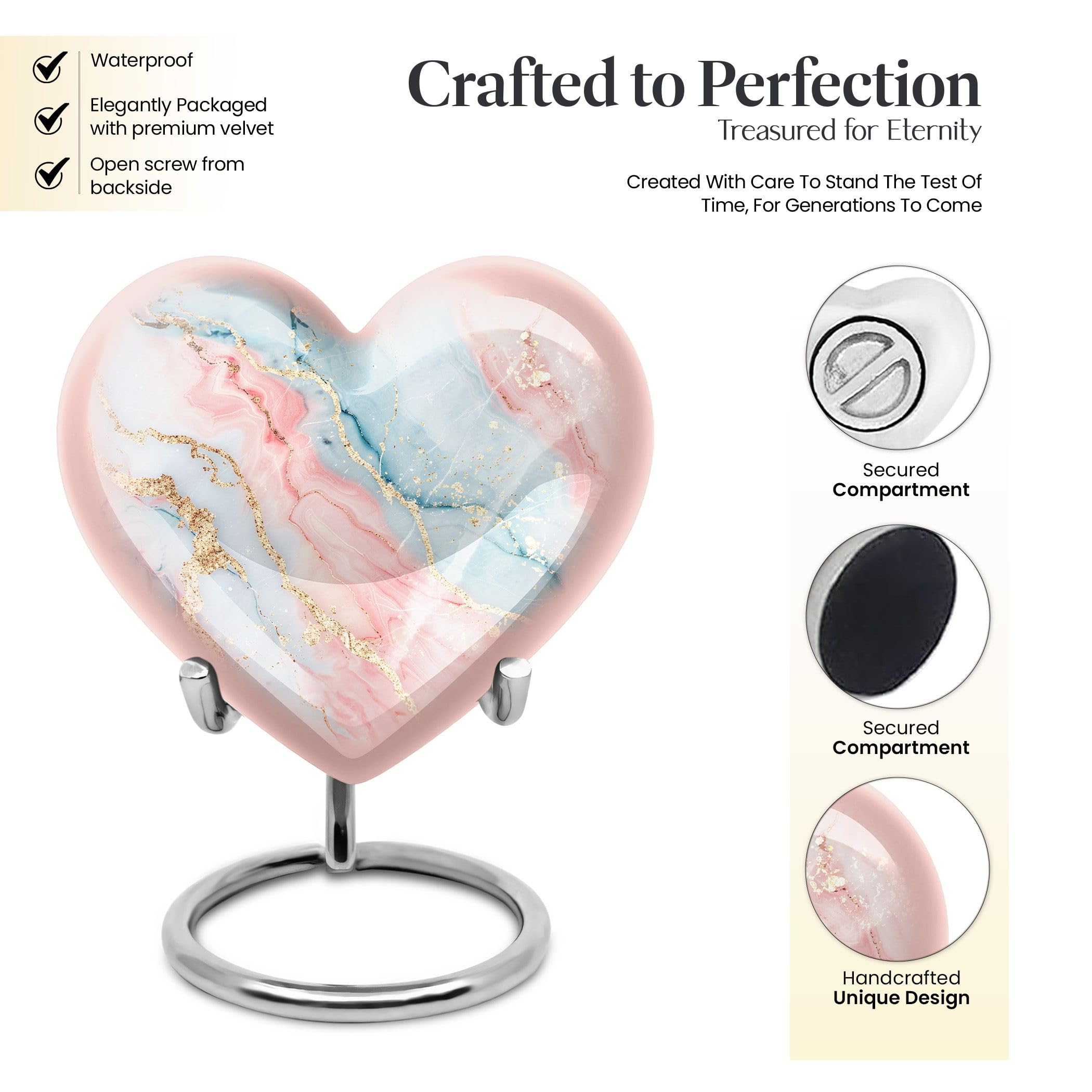 YATHABHISA Blush and Sky Marble Heart Urn, 3" Keepsake Pack of 1, Aluminium, Polished, Memorial Urn for Human Ashes - Image 3