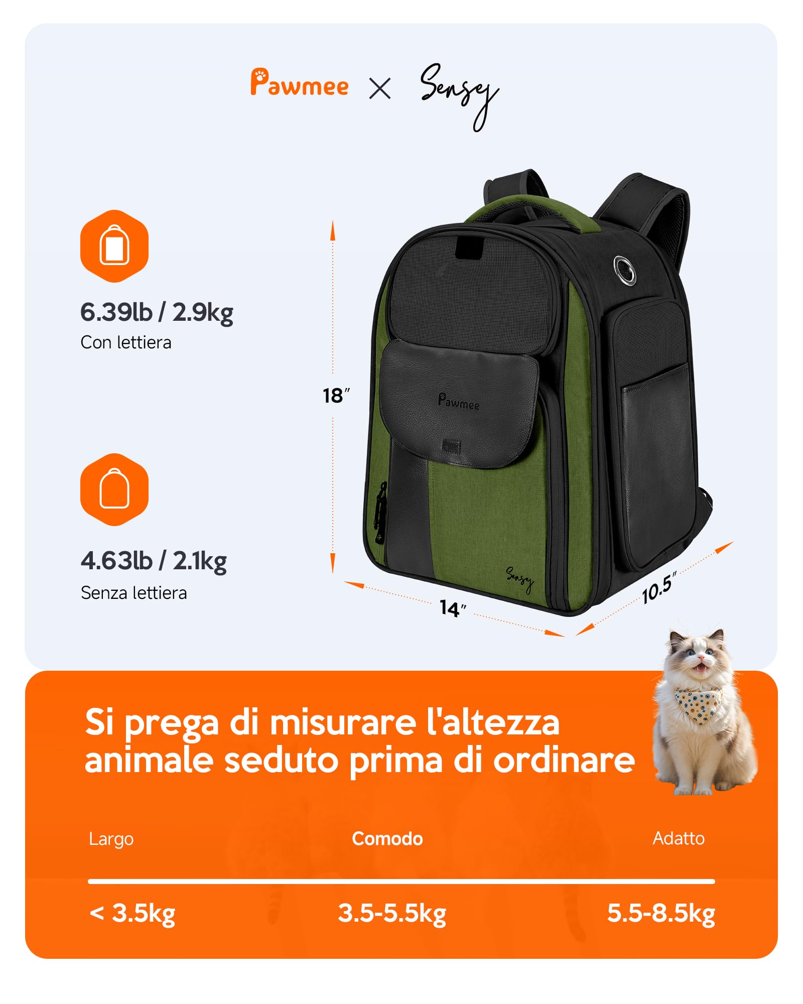 Zaino per Gatti con Portalettiera, Pawmee x Sensej, Portatile e Salvaspazio, Zaino Espandibile con Rete Traspirante, per Gatti Fino a 8kg, Ideale per Viaggi, Escursioni, Black Green