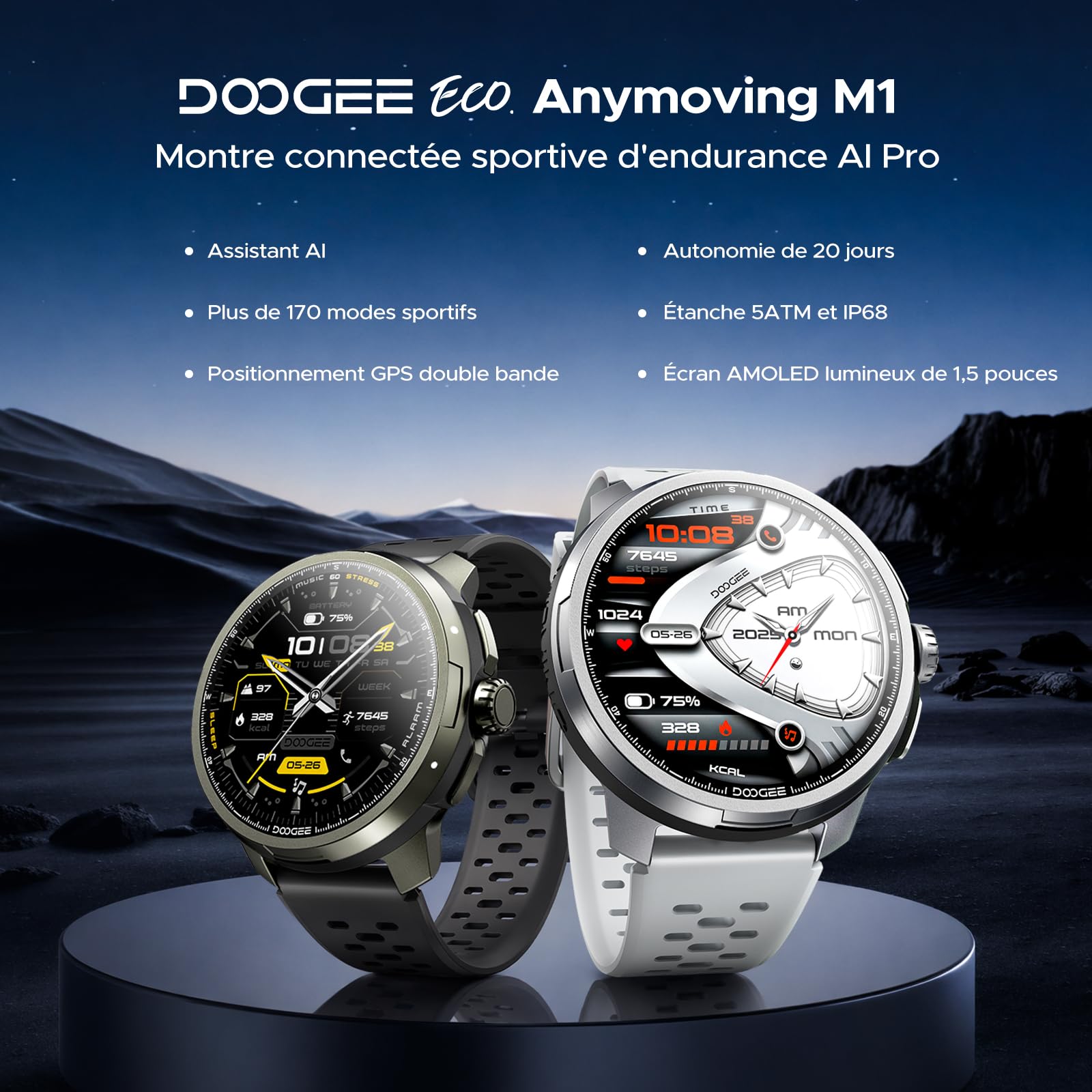 Anymoving M1 Montre Connectée Homme et Femme avec IA, GPS Double Bande 5ATM et IP68, Écran AMOLED Éclatant 1,5", Autonomie 20 Jours, 170+ Modes Sportifs Montre Sport Homme, 3 Bracelets