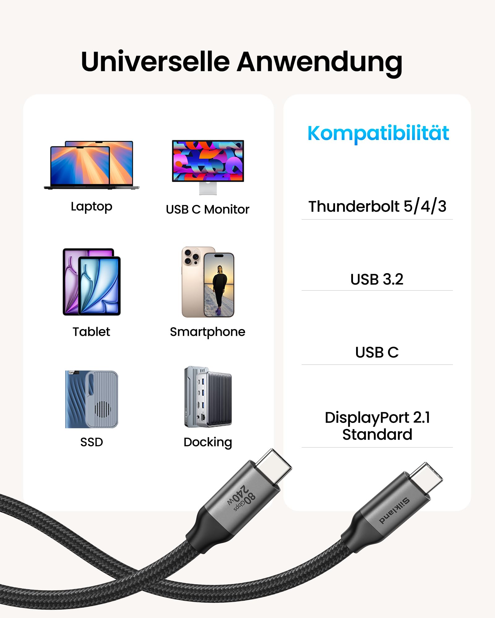 Silkland USB 80Gbps Kabel Kompatibel mit Thunderbolt 5 Kabel 3M 16K/Dual 8K | bis zu 120Gbps Videobandbreite, PD3.1 240W, USB4 V2.0 für Thunderbolt 4/3, USB-C, SSD, Laptop, Dock, Monitor