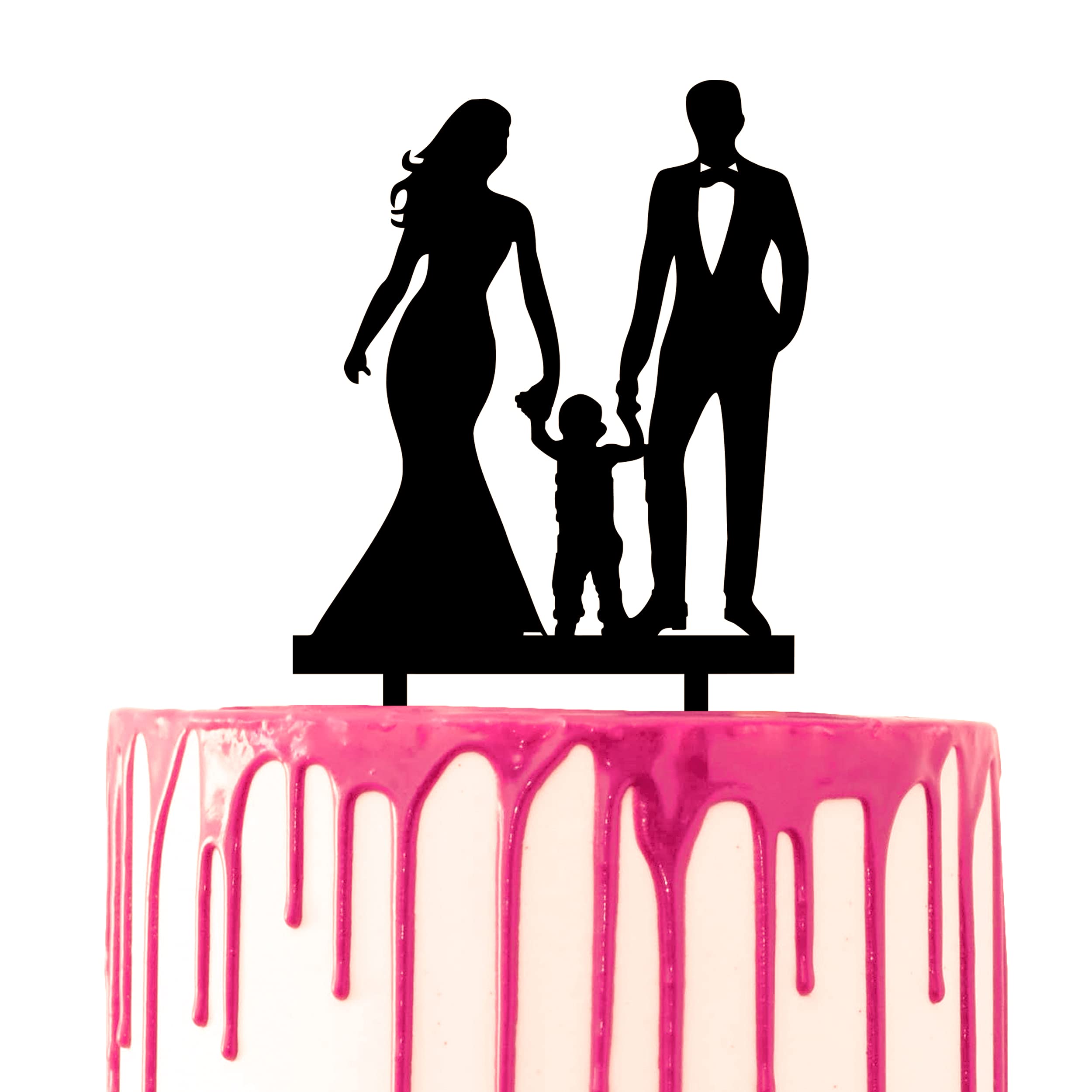 CARISPIBET Decoración para tarta de boda, boda, aniversario, tarta, acrílico, silueta decorativa para pareja tomada de la mano con hijo