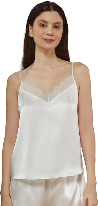 Mommesilk Women Silk Camisole Leaver Lace Patched Cute Sexy Silk Cami Top Lingerie Silk Sleepwear Ladies Soft