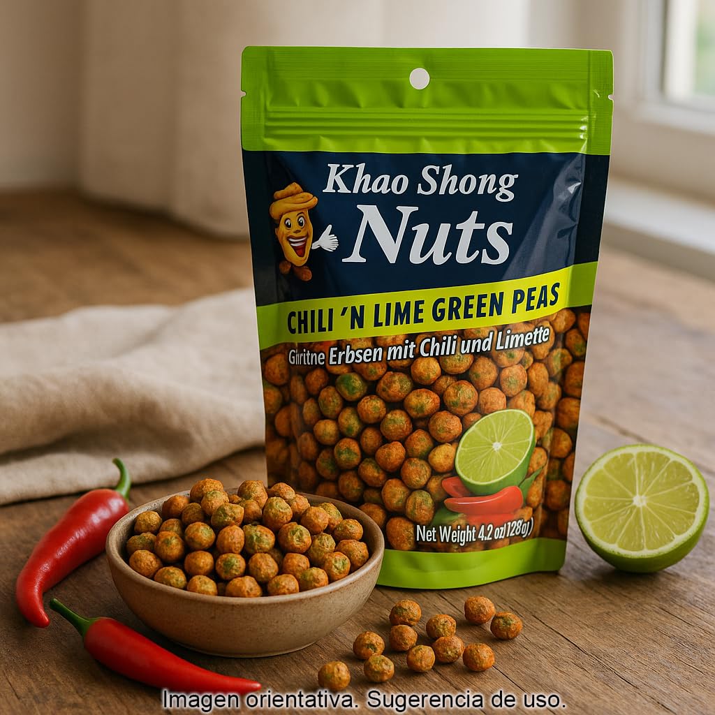 Guisantes verdes crujientes con chile y lima 120 g, snack tostado picante suave y cítrico, bolsa zip resellable para aperitivo y topping