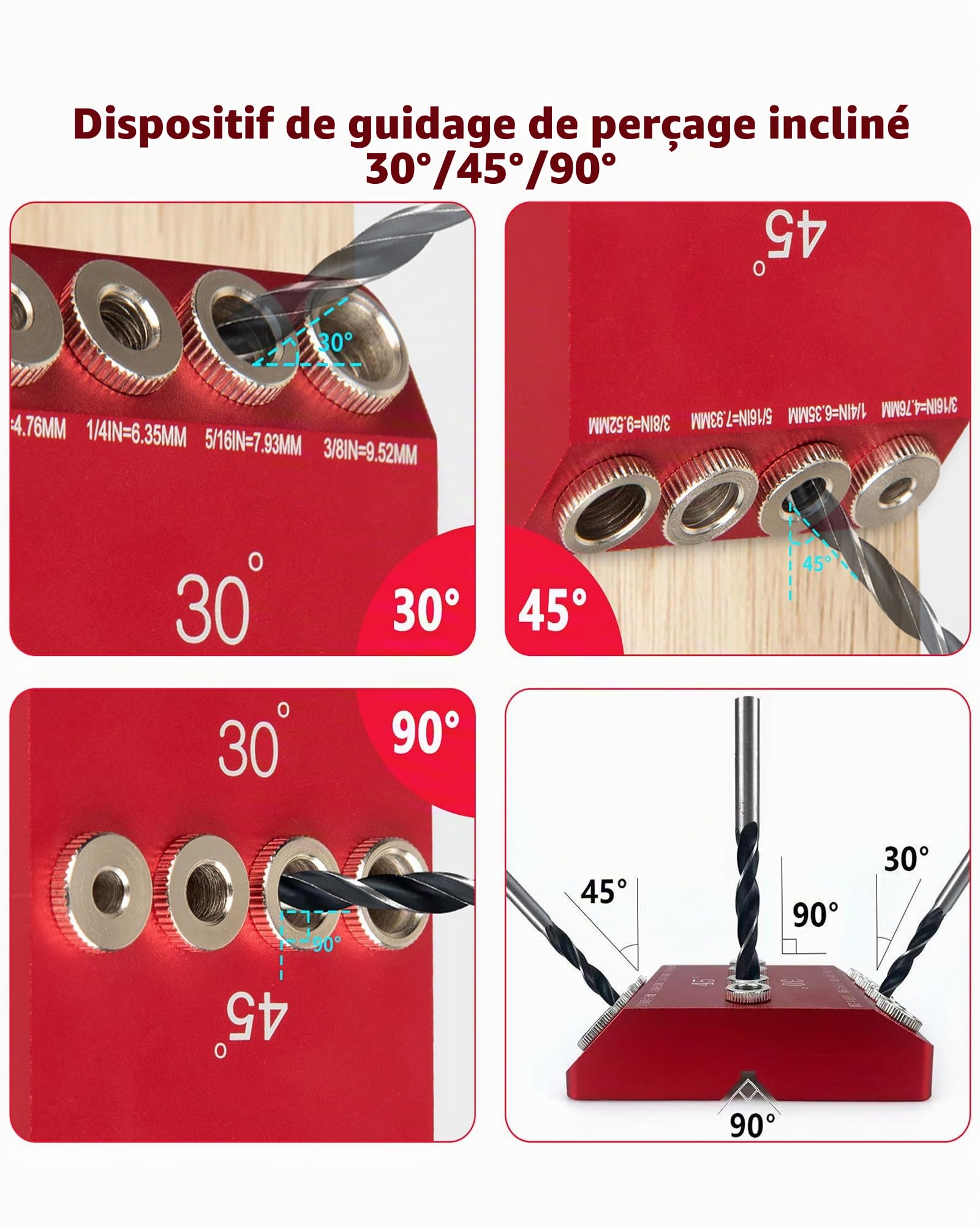 Guide de Percage Bois d'angle 30/45/90°: Guide des Tailles Gabarit de Perçage Réglables en angle pour Perpendiculaire du Bois et du Métal
