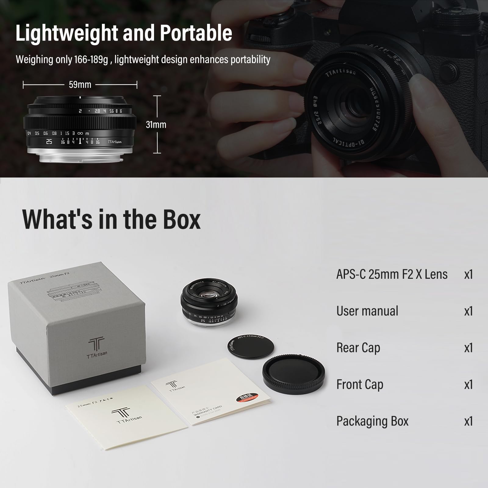 TTARTISAN 25mm F2 Objectif Camera Lens pour Monture Fuji X APS-C Objectif Pancake Métallique Portable Manuel pour Monture Fujifilm XF X-T5 X-H2S X-S20 X-T30 II X-E4 X-S10 X-H2 X-H1