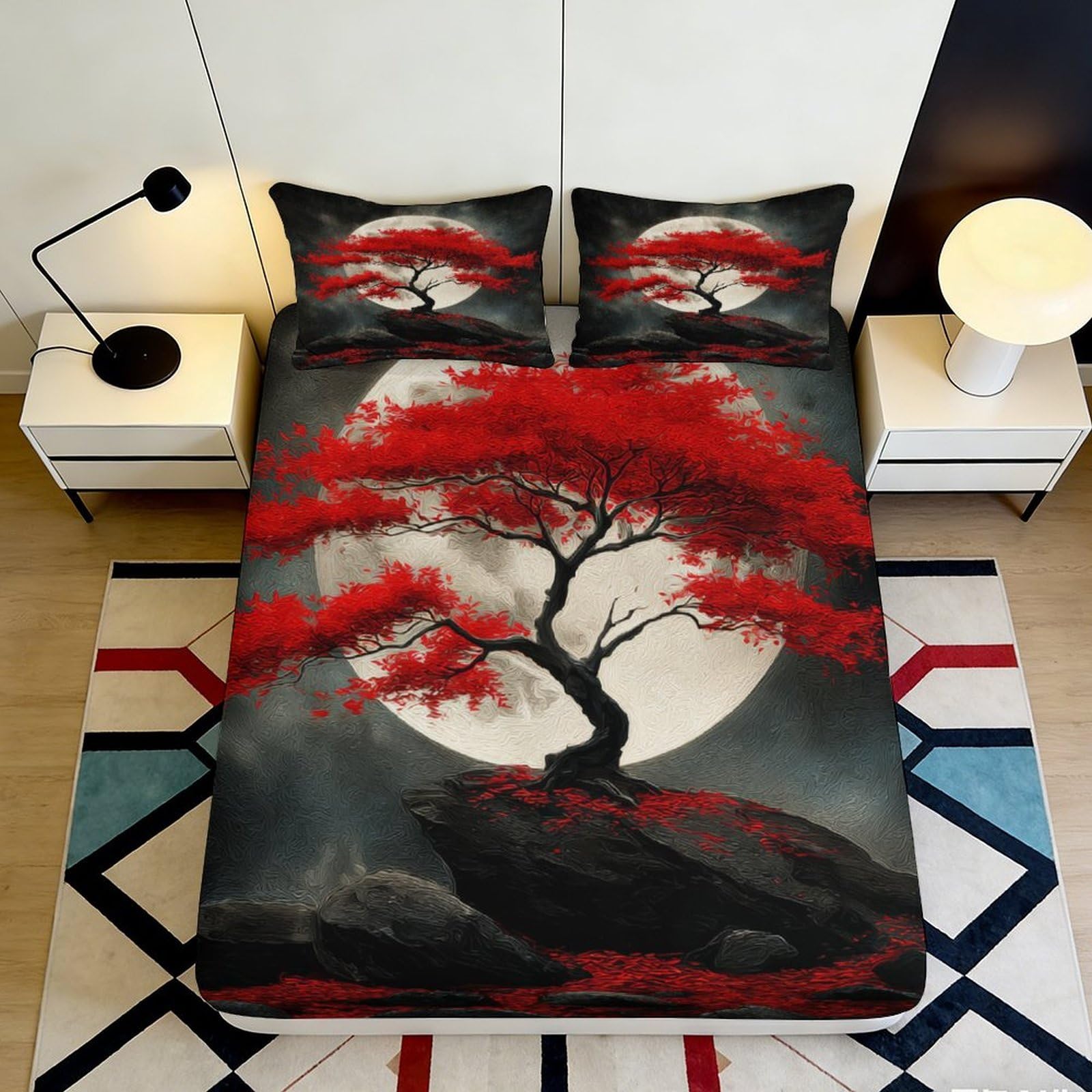 Pnayamiorkfel Style-3 3D Printed Red Maple Tree Fitted Sheet Microfiber Soft Bedroom Decor Full Moon Mattress Cover For Home Guestroom 90X200x25cm