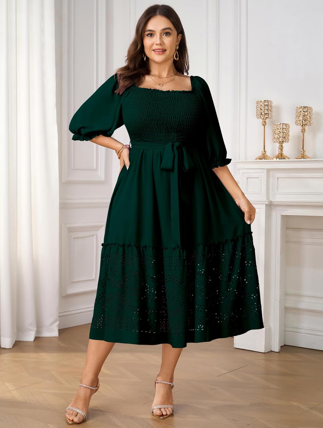 Women's Plus Size Wedding Guest Dress 3/4 Sleeve Square Neck Smocked Empire Waist Tie Boho Eyelet Maxi Long Dresses - Image 7
