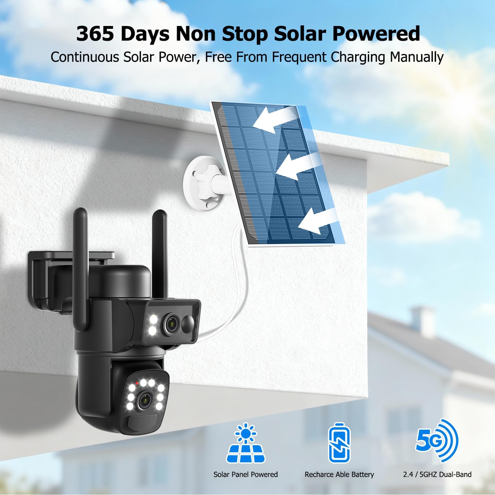 8MP Telecamera Wi-Fi Esterno Senza Fili con Pannello Solare 5W,Doppio Obiettivo Sorveglianza WiFi Videocamera Batteria 15000mAh,Visione Notturna Colori,Audio Bidirezionale,PIR Rilevamento,2.4G/5GHz