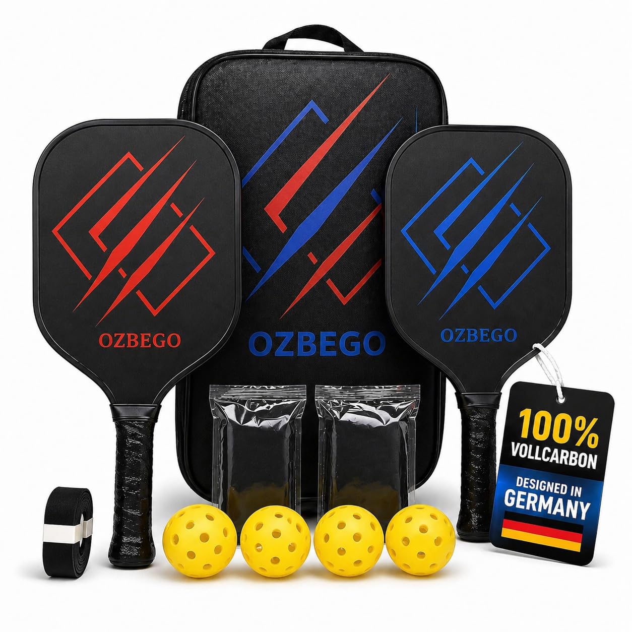 Pickleball Schläger Set 2er aus Carbon – inkl. 4 Bälle, Tasche & Overgrips – Leicht, rutschfest – Für Anfänger & Fortgeschrittene – OZBEGO