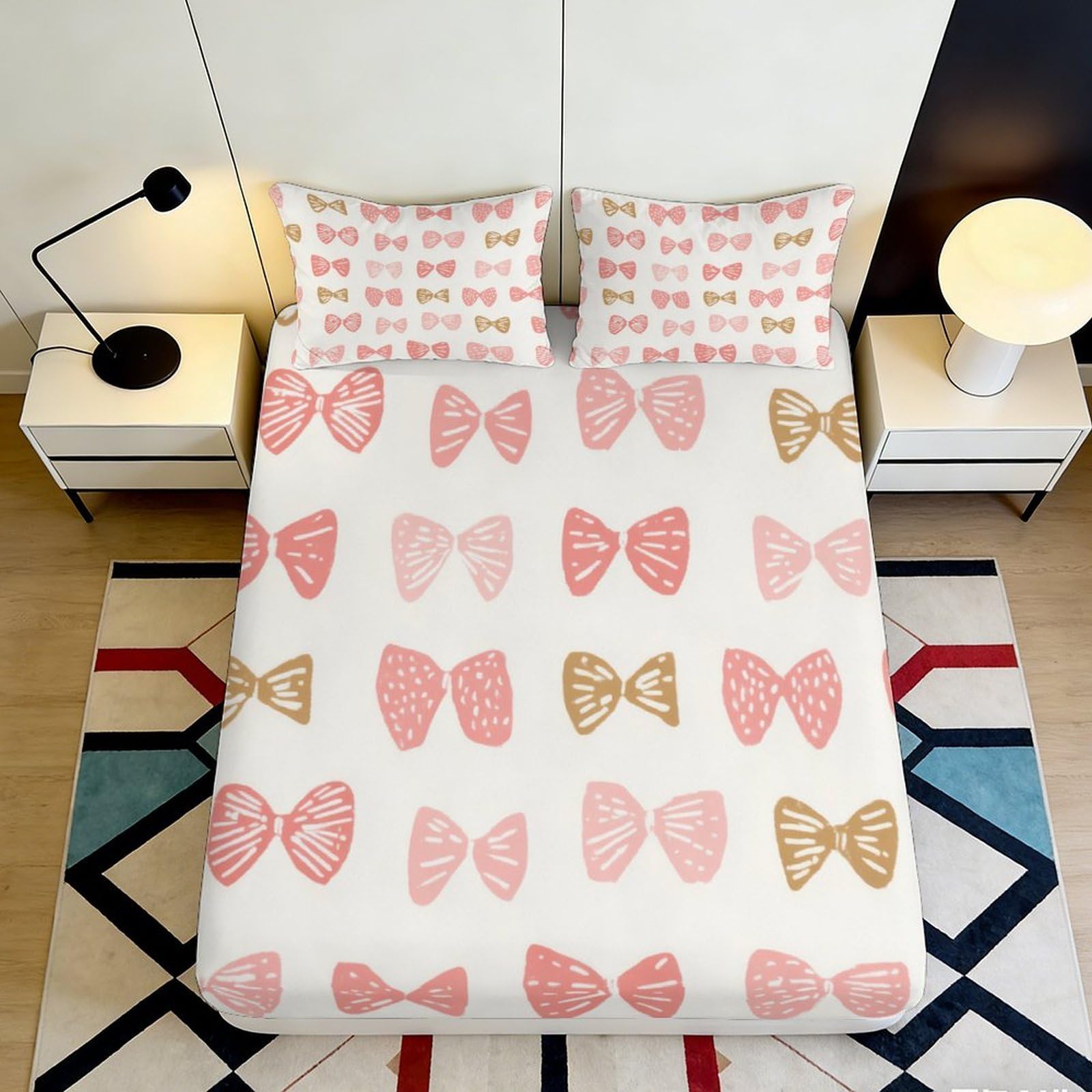 3D Printed Bow Pattern Fitted Sheet Microfiber Deep Pocket Bedroom Set Bow Mattress Fitted Cover Non-Slip Full Wrap for Adults Teens 200x200x25cm