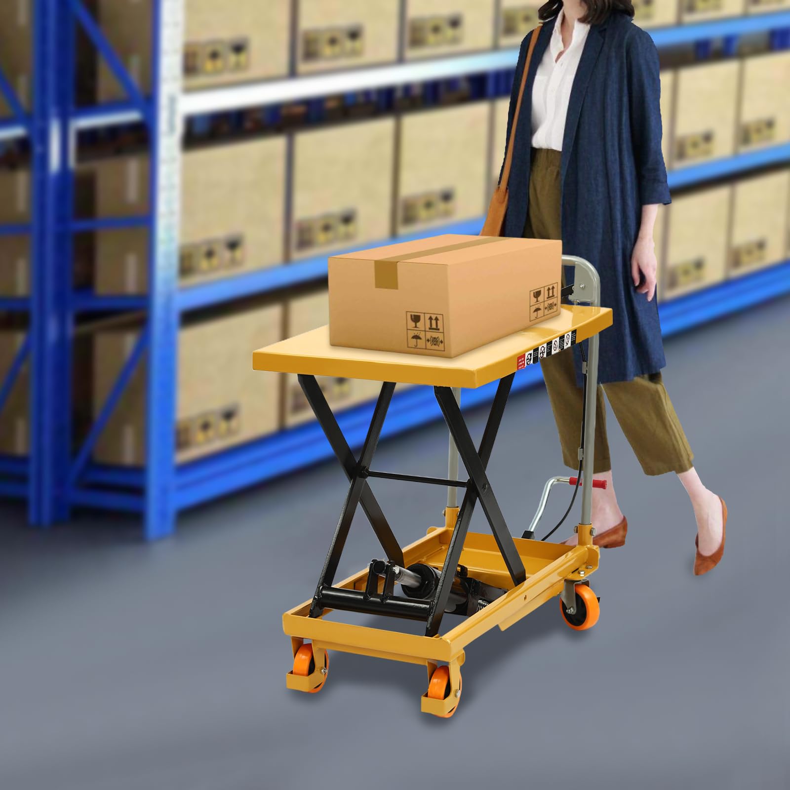 Hydraulic Lift Table Cart, 500lbs Capacity and 4 PU Wheels for Material Handling and Transportation, Orange